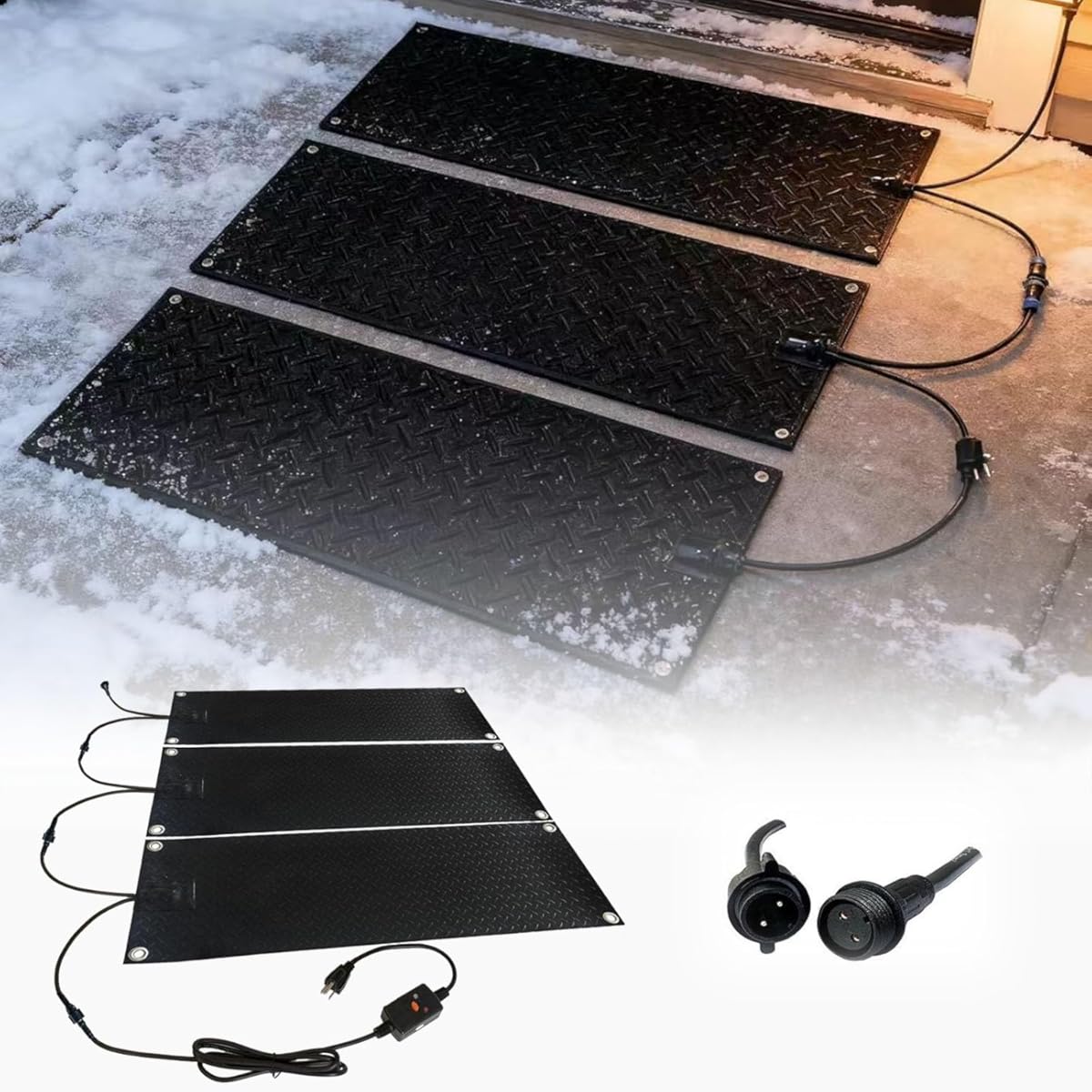 Snow Melting Rubber Mats Outdoor, Ice Heated Driveway Pad 2inch/H Melting Rate Heated Snow Melting Mat for Walkways Steps Garage Roof with 6.5 FT Power Cord, 10/12/20/24/30 in(5 Pcs,30x72in)