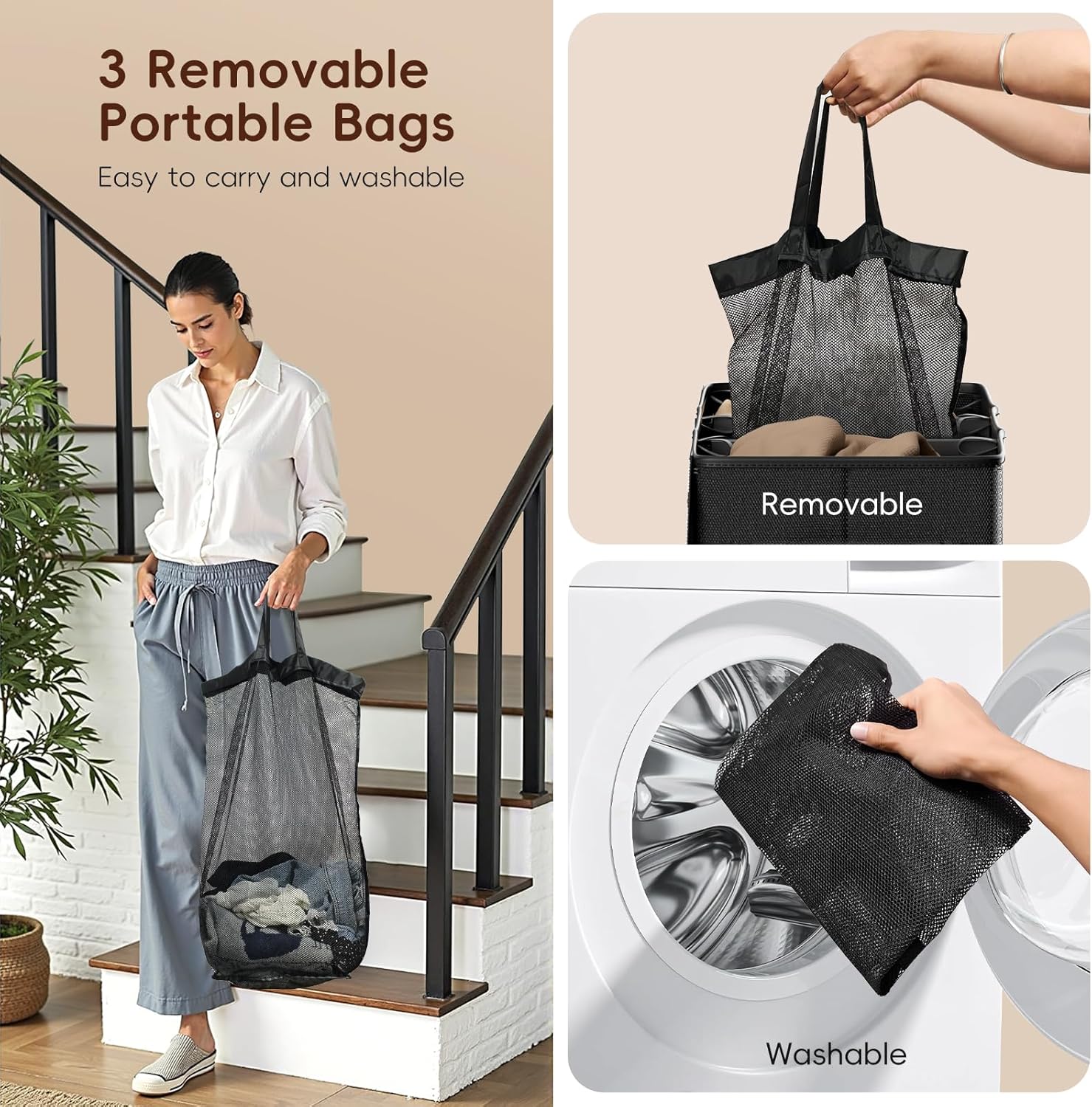 185L Laundry Hamper 3 Section, Laundry Hamper with Lid, Dirty Clothes Hamper with 3 Removable Washing Bags, Extra Large Laundry Basket Organizer for Bedroom, Laundry Room, Dorm - Black