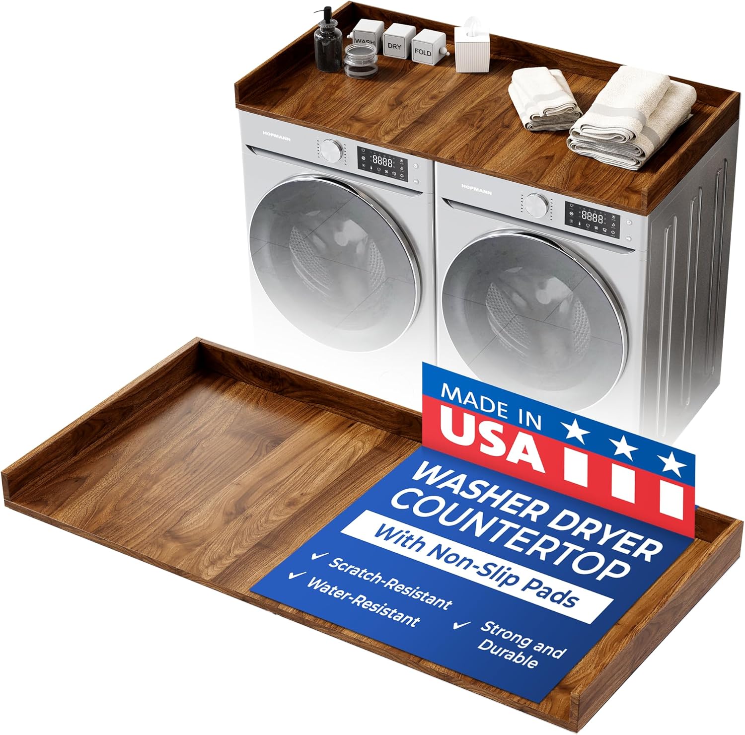 OfficeSimpli Washer Dryer Countertop, Made in USA, Non-Slip Pads, Laundry Room Wood Topper, Washer Dryer Cover for Top, Laundry Guard, Laundry Countertop (California Walnut, Standard (27.5