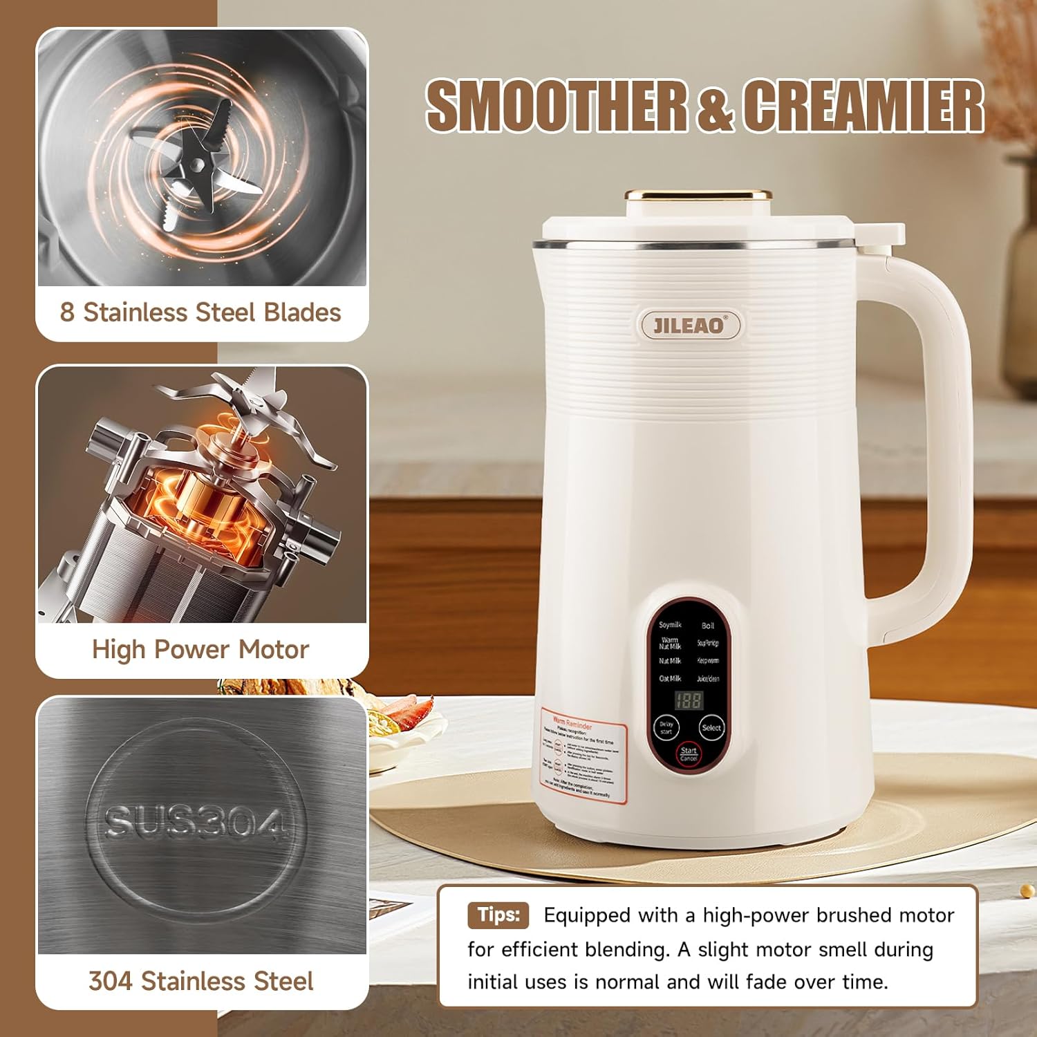 10 in 1 Almond Milk Maker & Nut Milk Maker Machine, 35oz Automatic Soy, Oat, Coconut Milk, Juice & Porridge Maker with 8 Blades, Delay Start, Keep Warm, Boil Water, Self-Cleaning, Cream