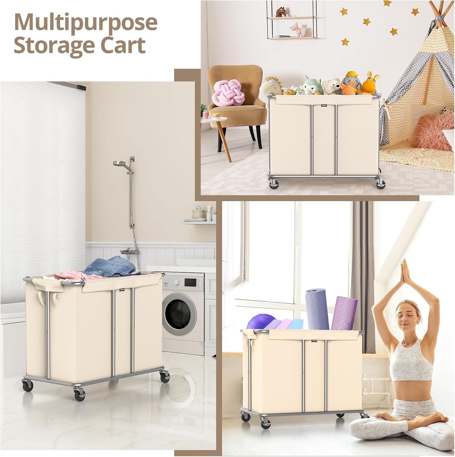230L Rolling Laundry Hamper, 2-Section Laundry Basket with Wheels, 61 Gallons Laundry Sorter with Metal Structure and Removable Liner, Clothes Hamper for Laundry Room, Bathroom, Bedroom, Beige
