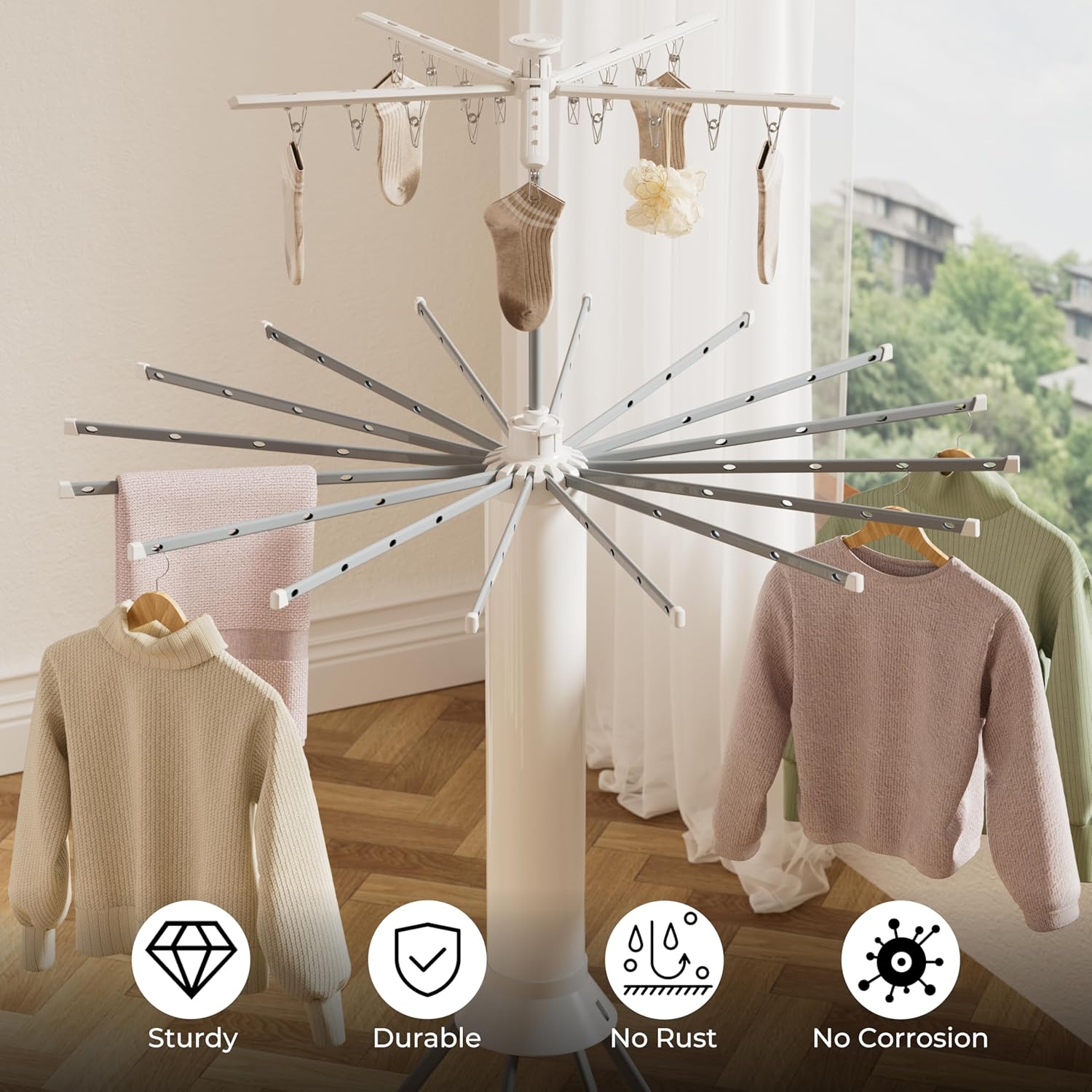 Clothes Drying Rack Foldable, 4-Legged Double Dryer Rack with 20 Clips, Laundry Drying Rack with 4 Pulleys, Portable Drying Rack Clothing, Collapsible Indoor Hanging Dry Rack for Clothes, Socks, Towel