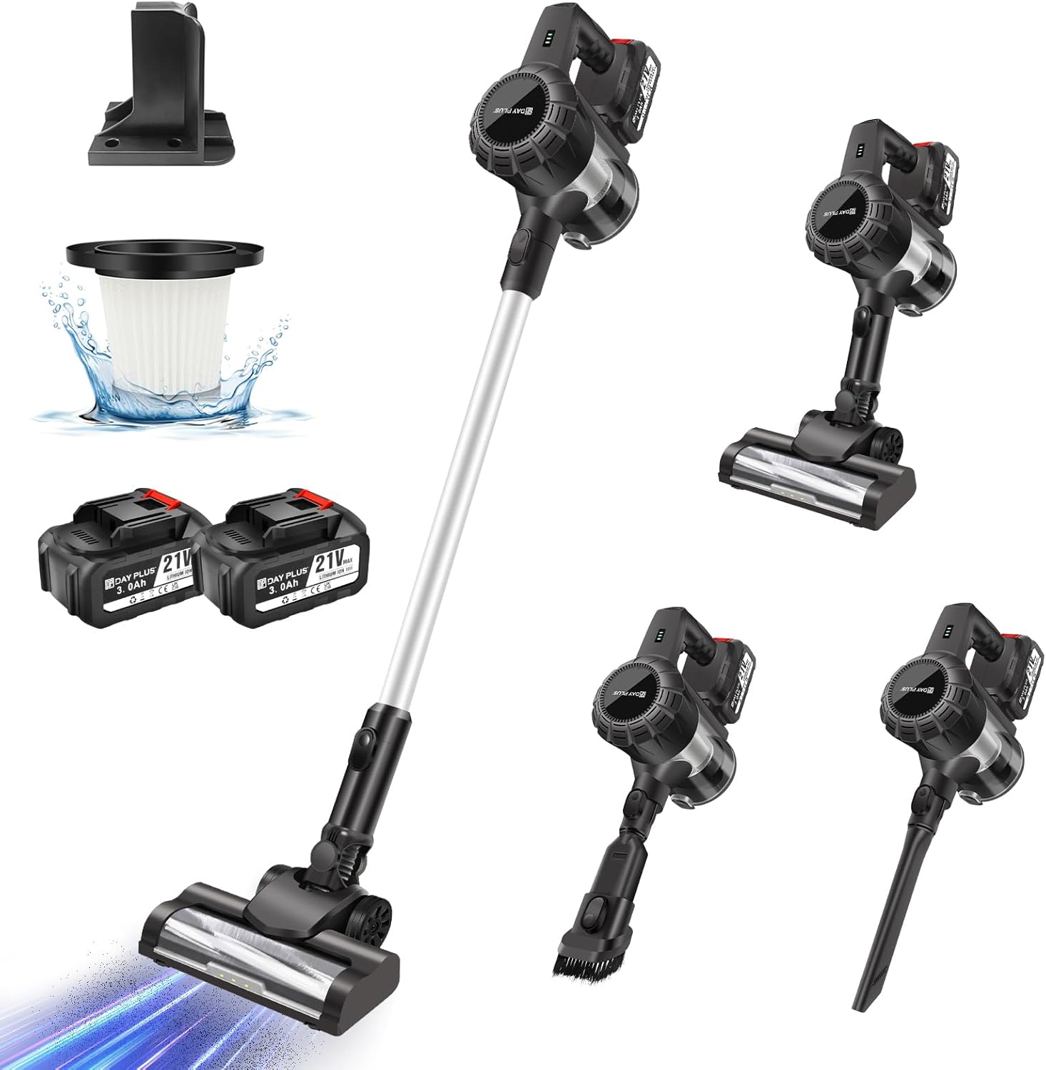 Cordless Vacuum Cleaner, 15Kpa Powerful Stick Vacuum with Brushless Motor, 2 Suction Modes, 2x 3000mAh Detachable Battery, 45min Runtime, 6 in 1 Lightweight Stick Vacuum for Home Hard Floor & Pet Hair