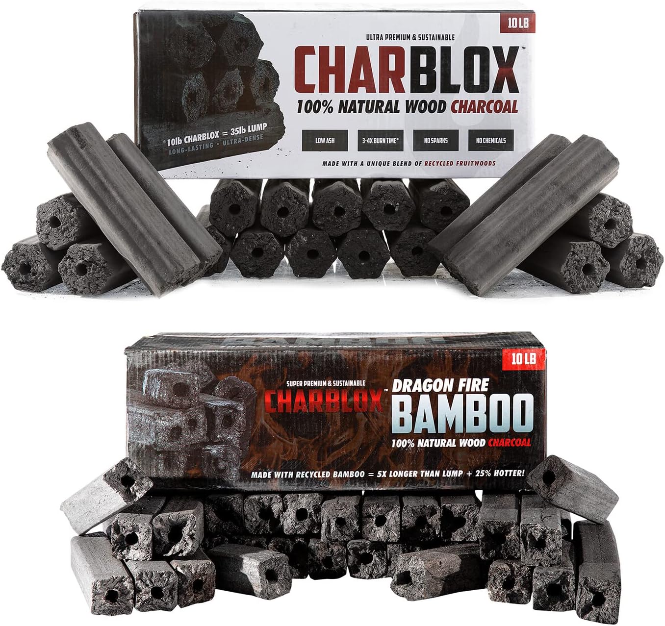 Dual Pack CHARBLOX Classic/Dragon Fire Bamboo Charcoal Logs - 100% Natural, Sustainable, Grilling/BBQ/Smoker/Big Green Egg/Kamado/Ceramic Grill/Kettle Grill/Robata, Thai/Binchotan Alternative (20LB)