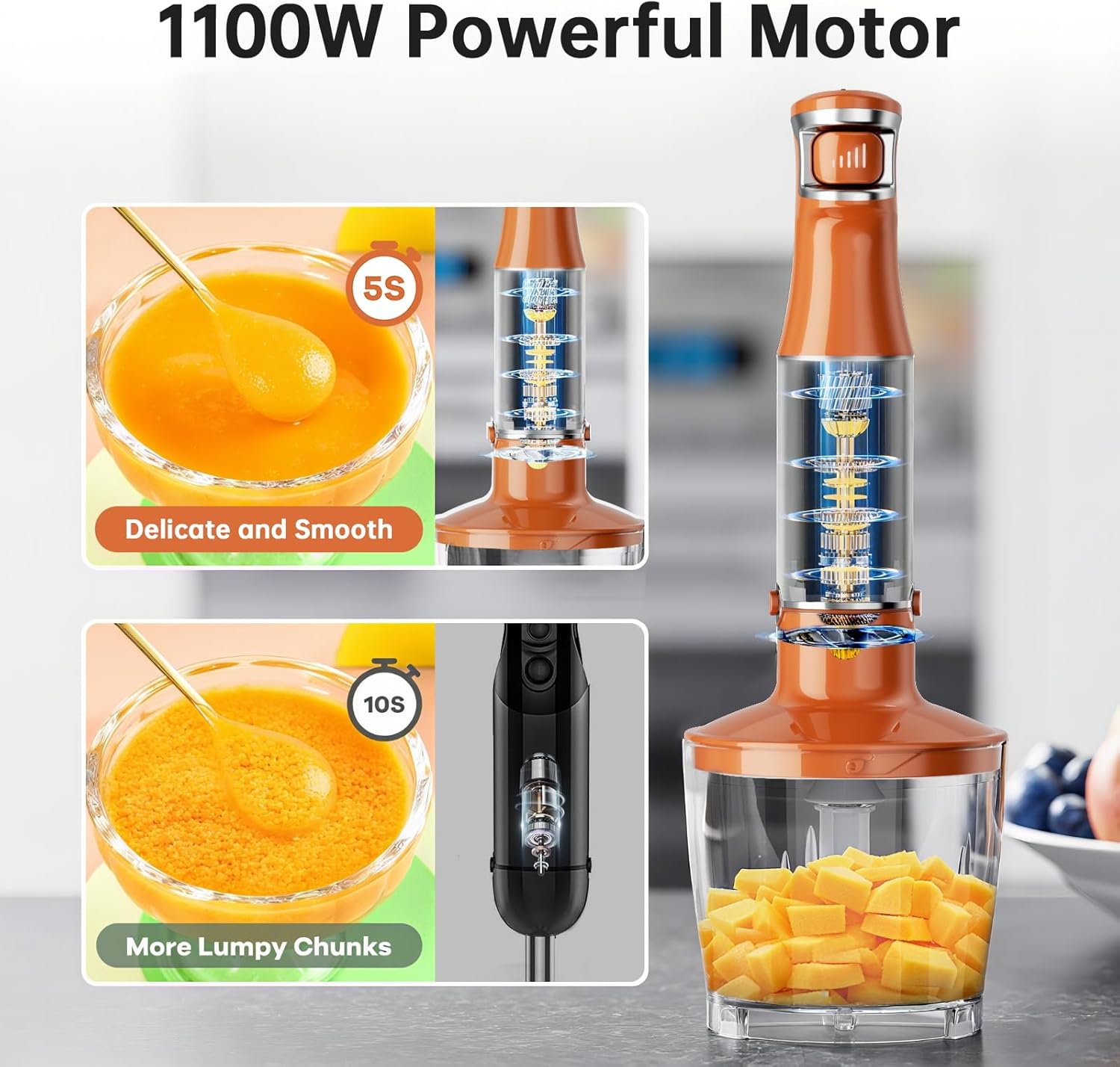 Immersion Blender Handheld Corded Hand Blenders Set 1100W, Trigger Variable Speed 5 in 1 Stick Emulsifier with Chopper, Whisk and Frother for Soup, Baby Food and Smoothies, Orange