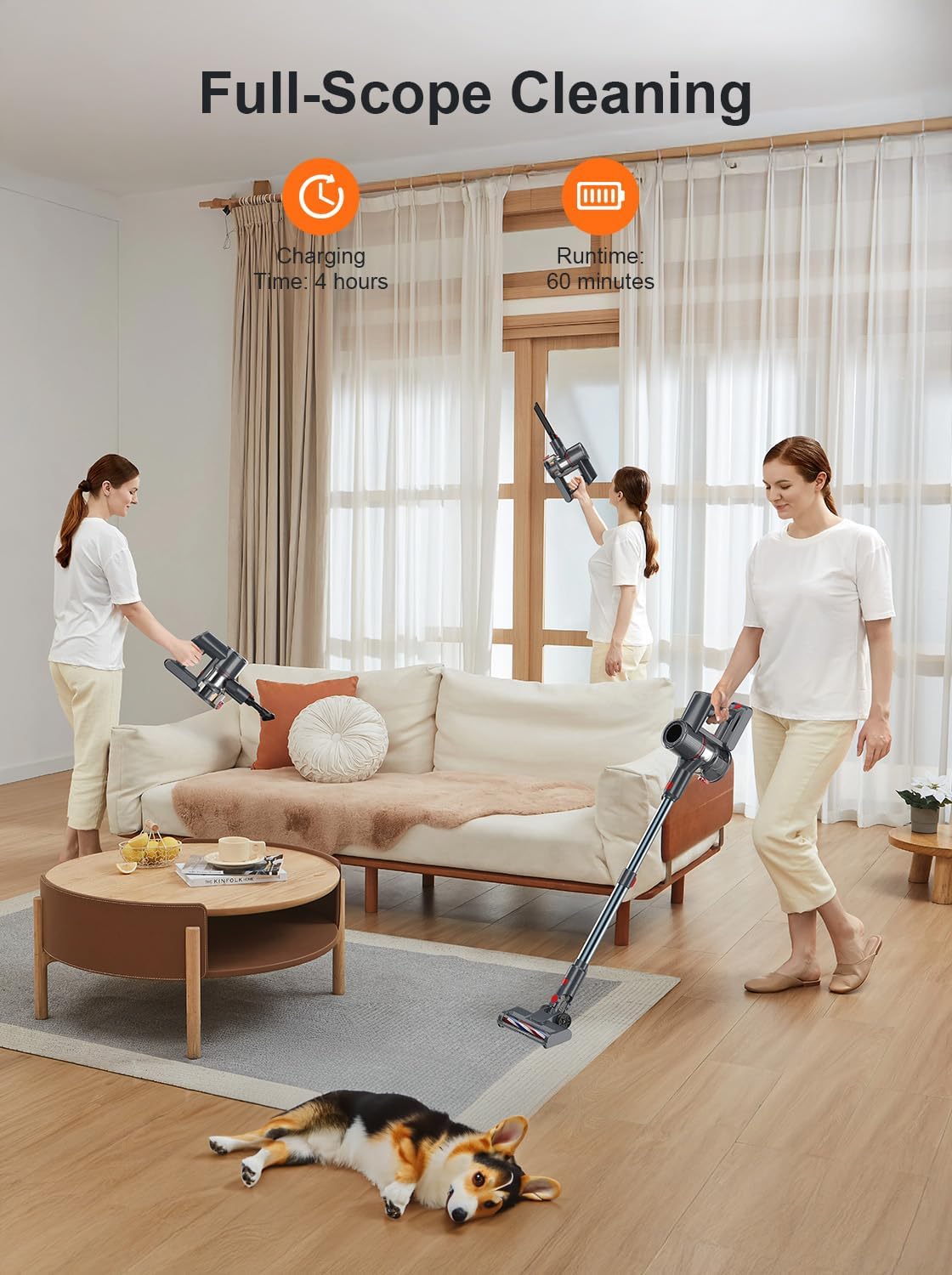 GGV Cordless Vacuum Cleaner, 300W 45KPA Suction Power, 60 Min Runtime, Self-Standing Stick Vacuum with Wall Mount Charging, 3 Modes for Pet Hair, Carpet & Floor