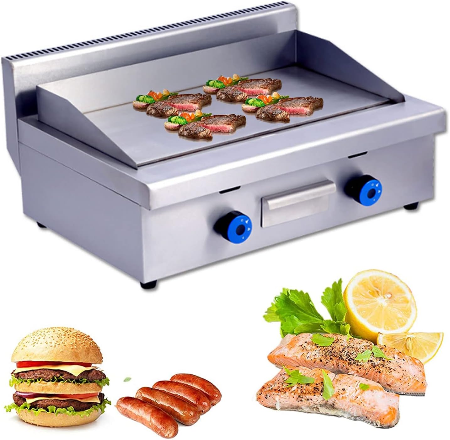 Commercial Propane Gas Griddle, 2 Stainless Steel Burner Tabletop Gas, Portable Table Ttop Grill, Large Non-Stick Steel Griddle, Teppanyaki Cooking Plate, Stainless Steel Portable Flat Top Grill,722
