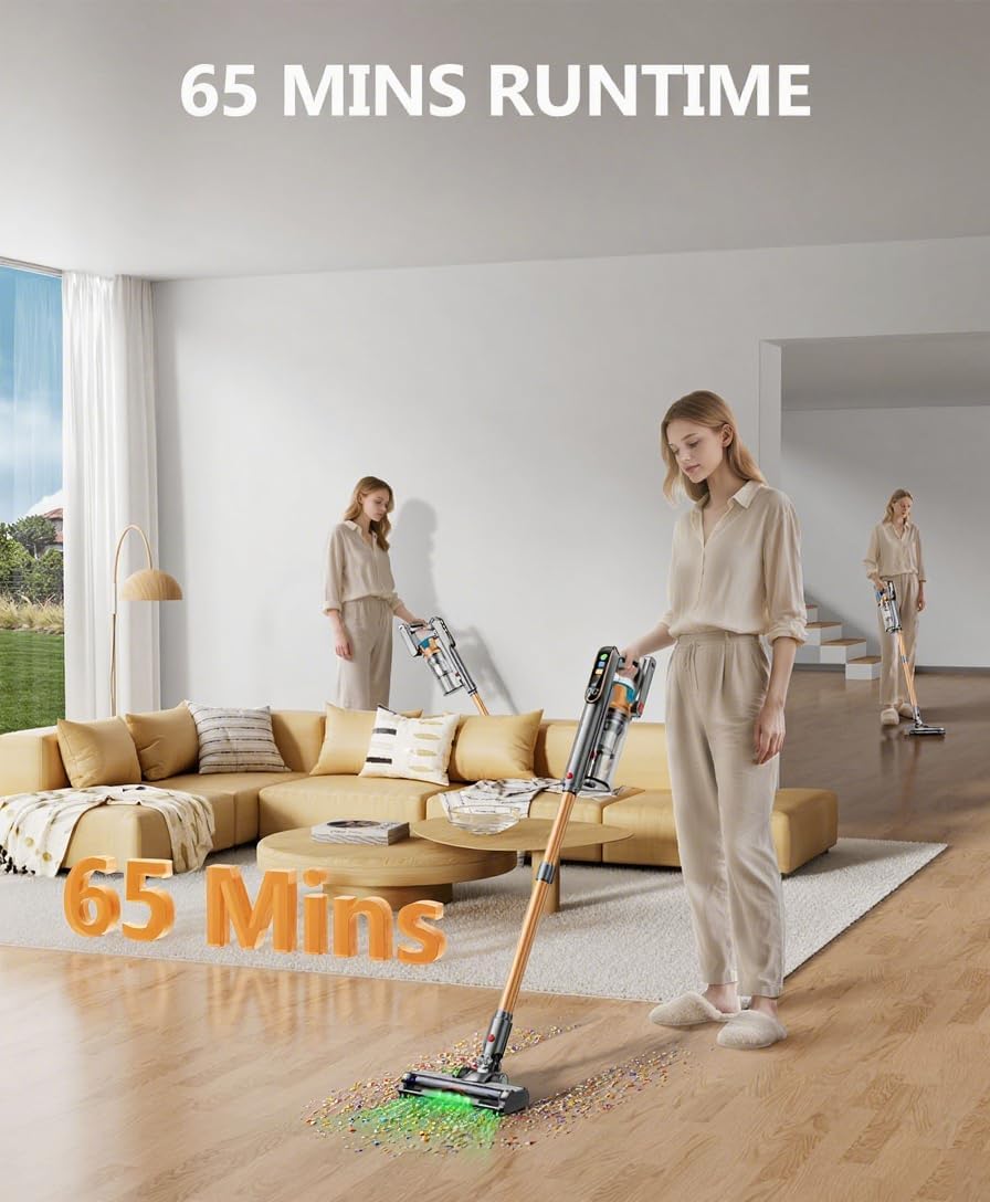 Cordless Vacuum Cleaner, 600W/50KPA/65Mins Vacuum Cleaners for Home, Super 1.8L Cup& Large LED Screen Stick Vacuum Anti-Tangle, Lightweight Cordless Vacuum with Charging Dock for Pet Hair/Carpet/Floor