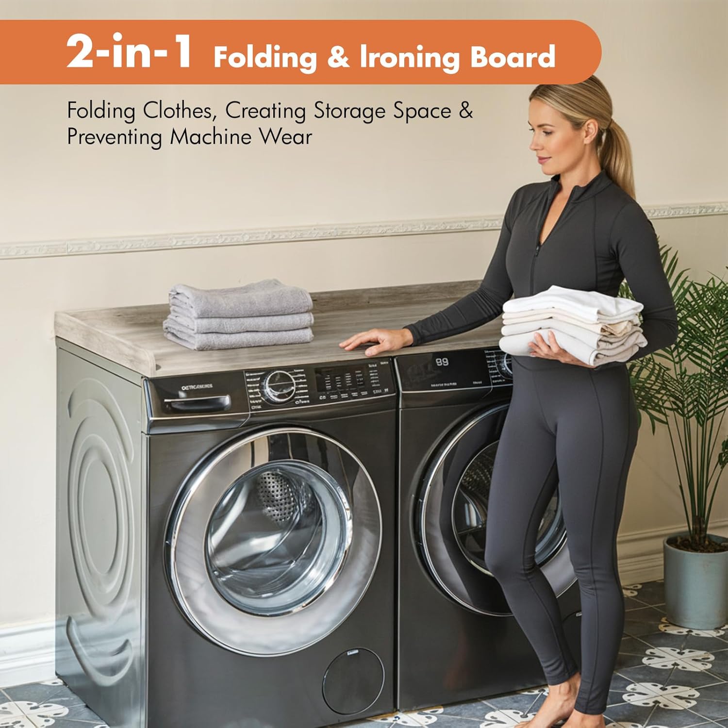 Premium Washer Dryer Countertop with Anti-Slip Pad, 54inch Laundry Room Organization Set, Stackable Storage Solution with Silicone Ironing Mat, Diatomite Mat(Gray)