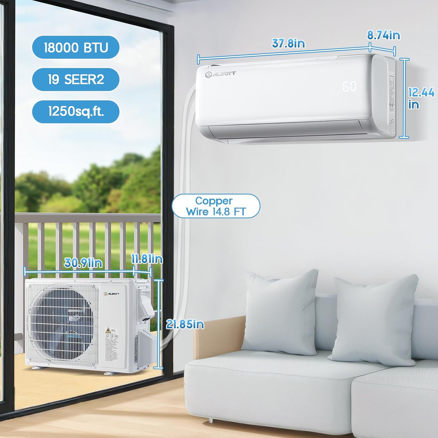 Albott Mini Split Air Conditioner Heat Pump, 18000 BTU 19 SEER2 208V-230V Inverter Ductless Wall AC Unit Cools Rooms up to 1250 Sq. Ft, 14.8ft Installation Kit, White