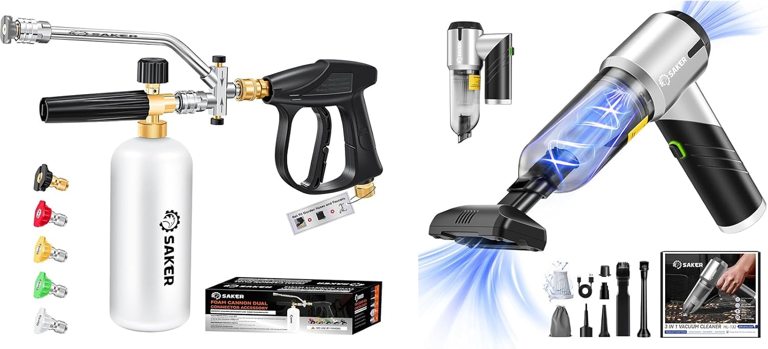 Saker Handheld Car Vacuum Portable Foam Cannon Dual Connector Accessory for Pressure Washer Kit