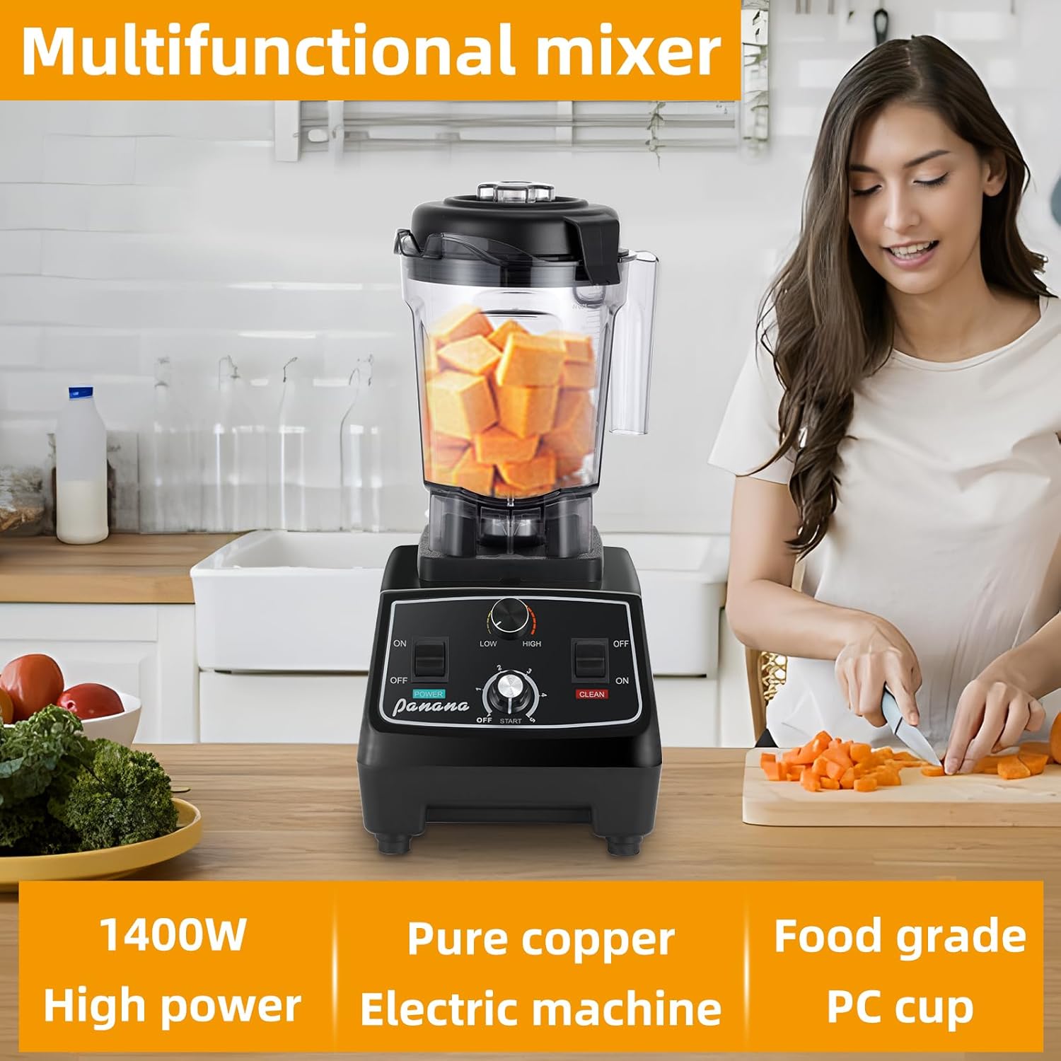 Panana Professional Countertop Blender, 1400W for Shakes and Smoothies, Home & Commercial With Timer and Speed Control, 68oz BPA-Free, Dishwasher Safe