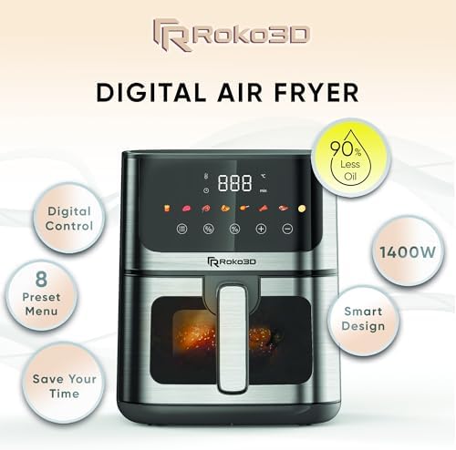 Air Fryer Stainless Steel ROKO 3D with Visible Window - 5Qt Capacity for 3-5 Persons | 18 in 1 - Fry, Bake, Toast, Broil, Reheat without Oil - 1400W, Dishwasher Safe, Luxury Black and Silver