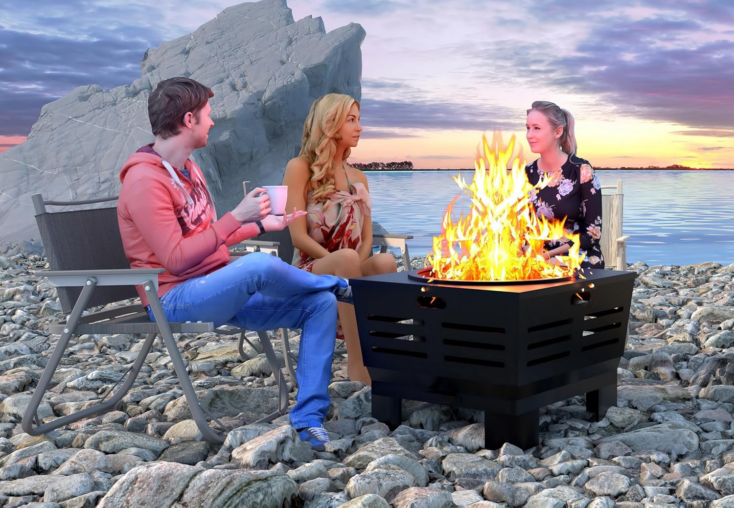 Fire Beauty Fire Pit with Stand,Smokeless Wood Burning Firepit with Ash Pan,Portable Outdoor Firepit with Cooking Grate & Poker For Camping,Backyard|L:23''xW:23''xH:17'',28.6lbs