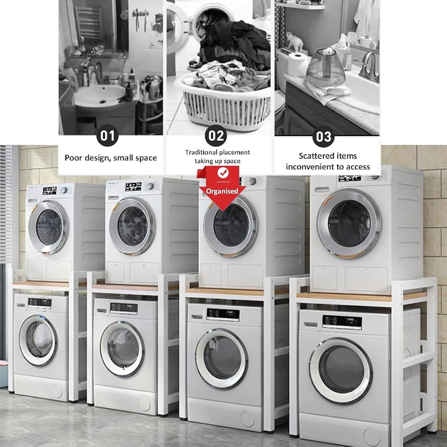 Dryer Stand Height Adjustable Portable Stacking Kit for Washing Machine Tumble Dryer Storage Rack Over Washing Machine Storage Unit Washing Machine Shelf Thickened Wave Wheel Washing Machine Top(Black