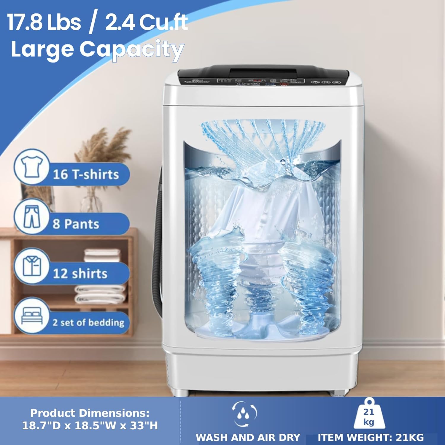 Nictemaw Portable Washing Machine 17.8Lbs Portable Washer with Drain Pump, 2.4 Cu.ft Full Automatic Washer and Dryer Combo, 10 Programs 8 Water Levels, Compact Washer for Apartment, Home, RV