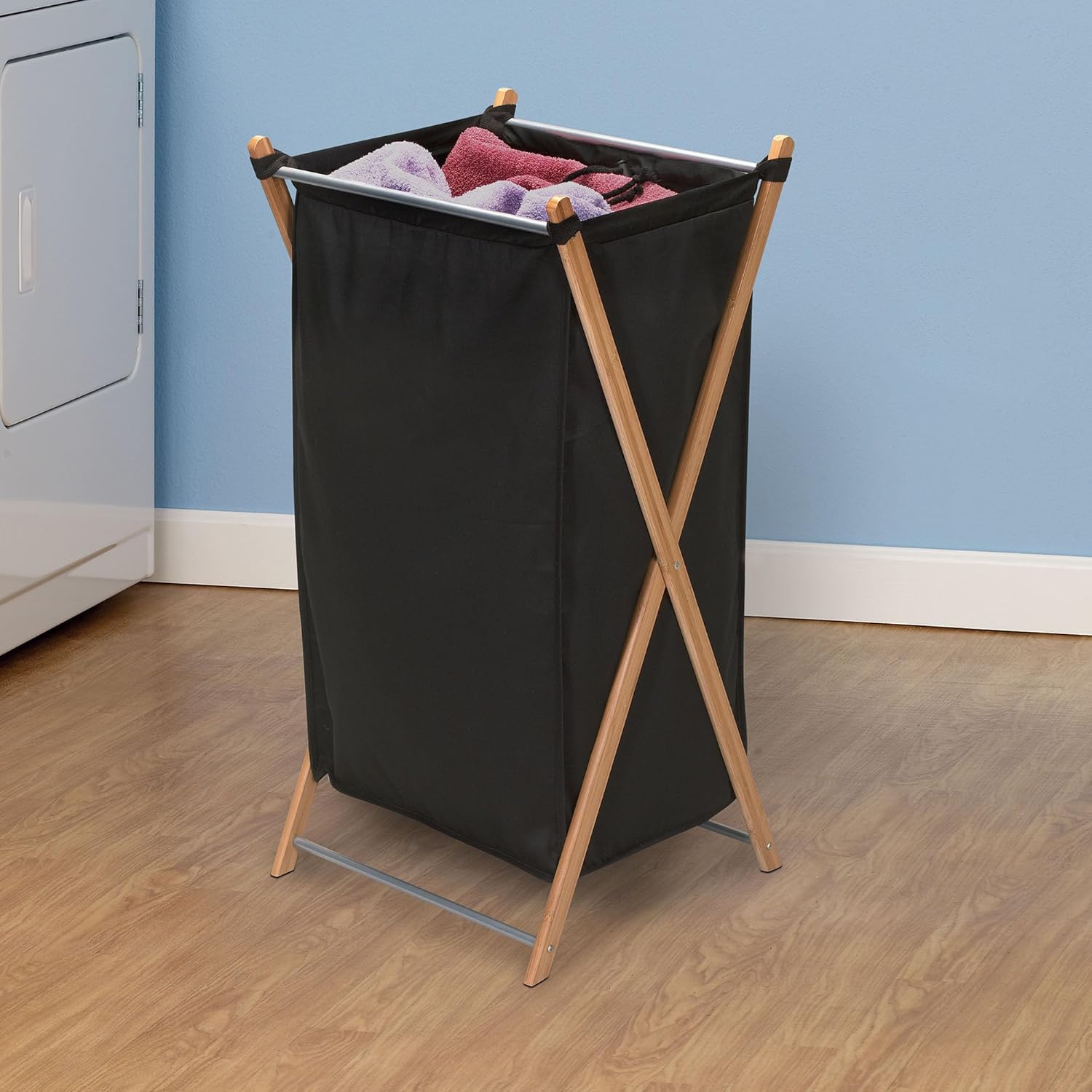 Household Essentials X-Frame Bamboo Hamper, Washable Black Liner and Bamboo Frame, and Renewable, Folds for Storage, Simple and Chic, Natural