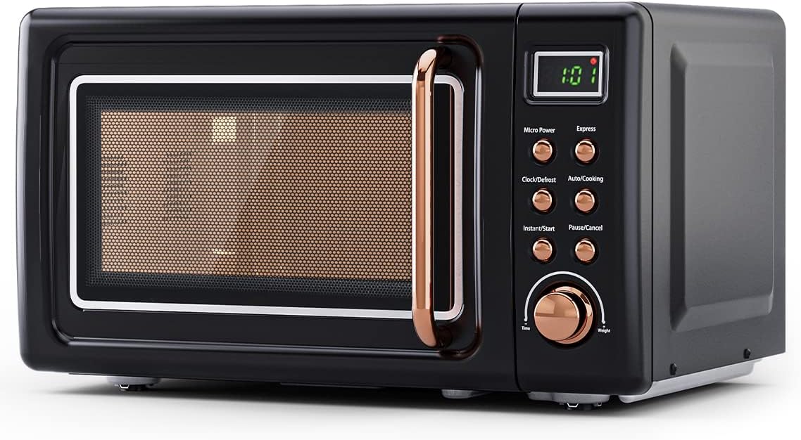 Compact Microwave Oven, SIMOE Retro Small Countertop Microwave 0.7 cu. ft. 700W with 8 Auto-cooking Set(Black)