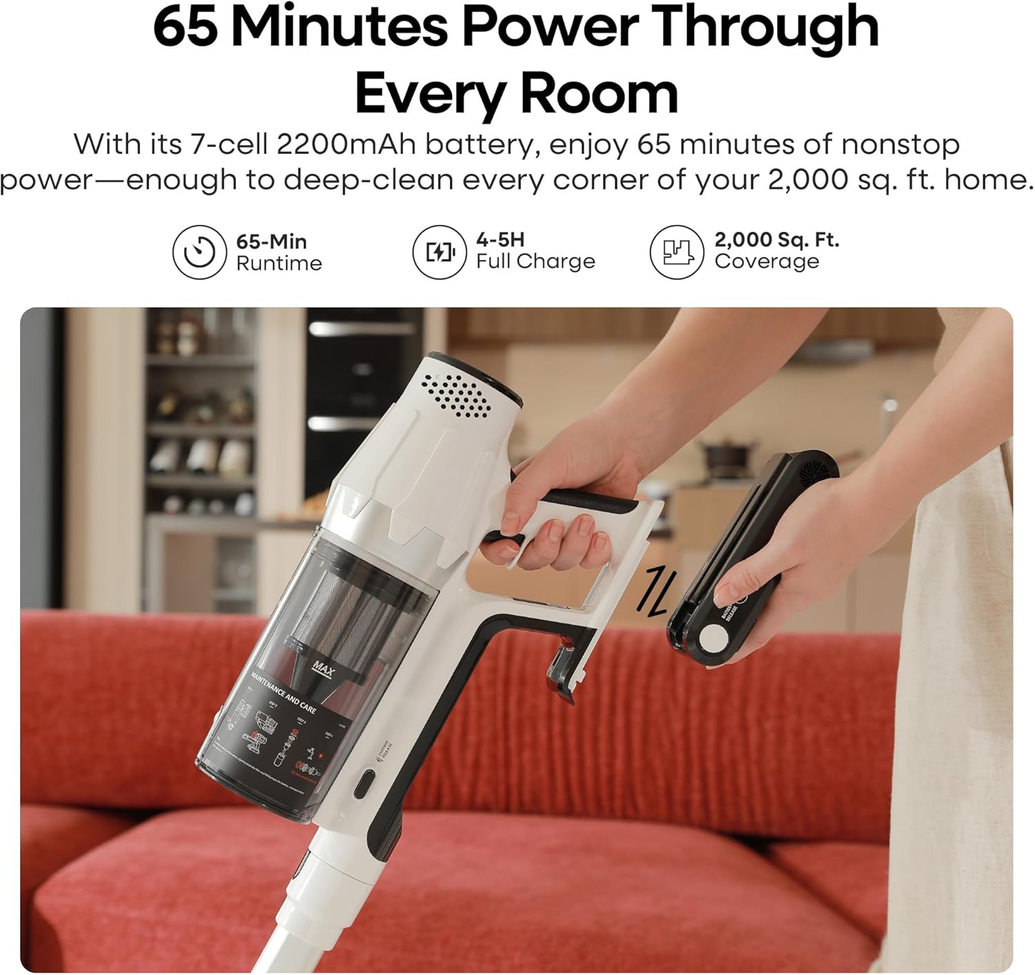ElecKeys Cordless Vacuum Cleaner, 580W 48KPA 65Mins Vacuum Cleaners for Home, Self-Standing Anti-Tangle Vacuum with LED Display, Rechargeable, Lightweight, Cordless Vacuum for Floors/Pet Hair/Carpets