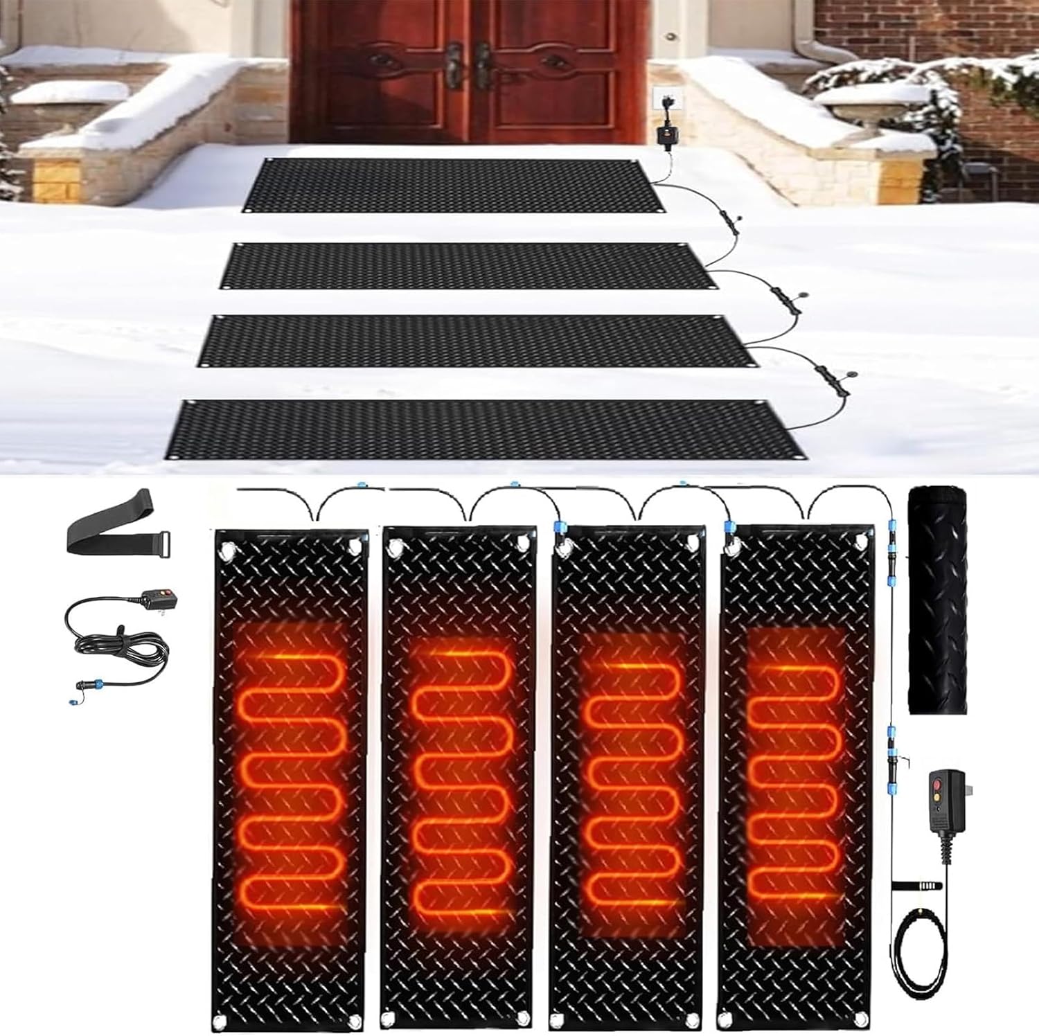 Snow Melting Mats for Outdoor Use - Anti-Slip Rubber Mat for Stairs, Doorways, and Driveways - Fast Snow & Ice Melting(40x200cmx4Pcs)