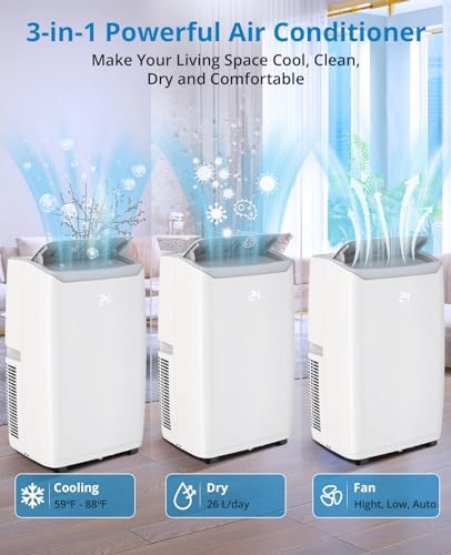 12,000 BTU Portable Air Conditioners/Portable Air Conditioners with Remote Control, Cooling Area Up to 350 sq.ft, 3 in 1 AC Portable Unit with Dehumidifier/Fan & Window Kit Included