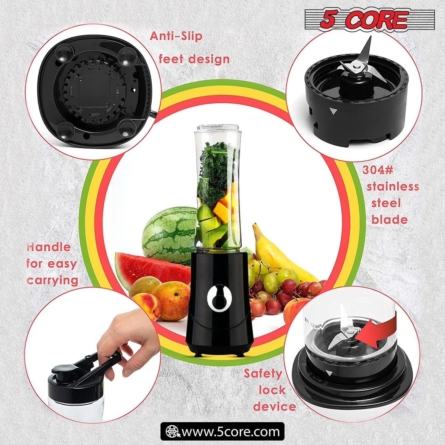 5 Core Smoothie Blender for Shakes and Smoothies, 500ml Powerful 160W Personal Blender & Smoothie Maker with Portable Bottle BPA Free 18 Oz, 4 Stainless Steel Blade, Blenders For Smoothie 5C 421