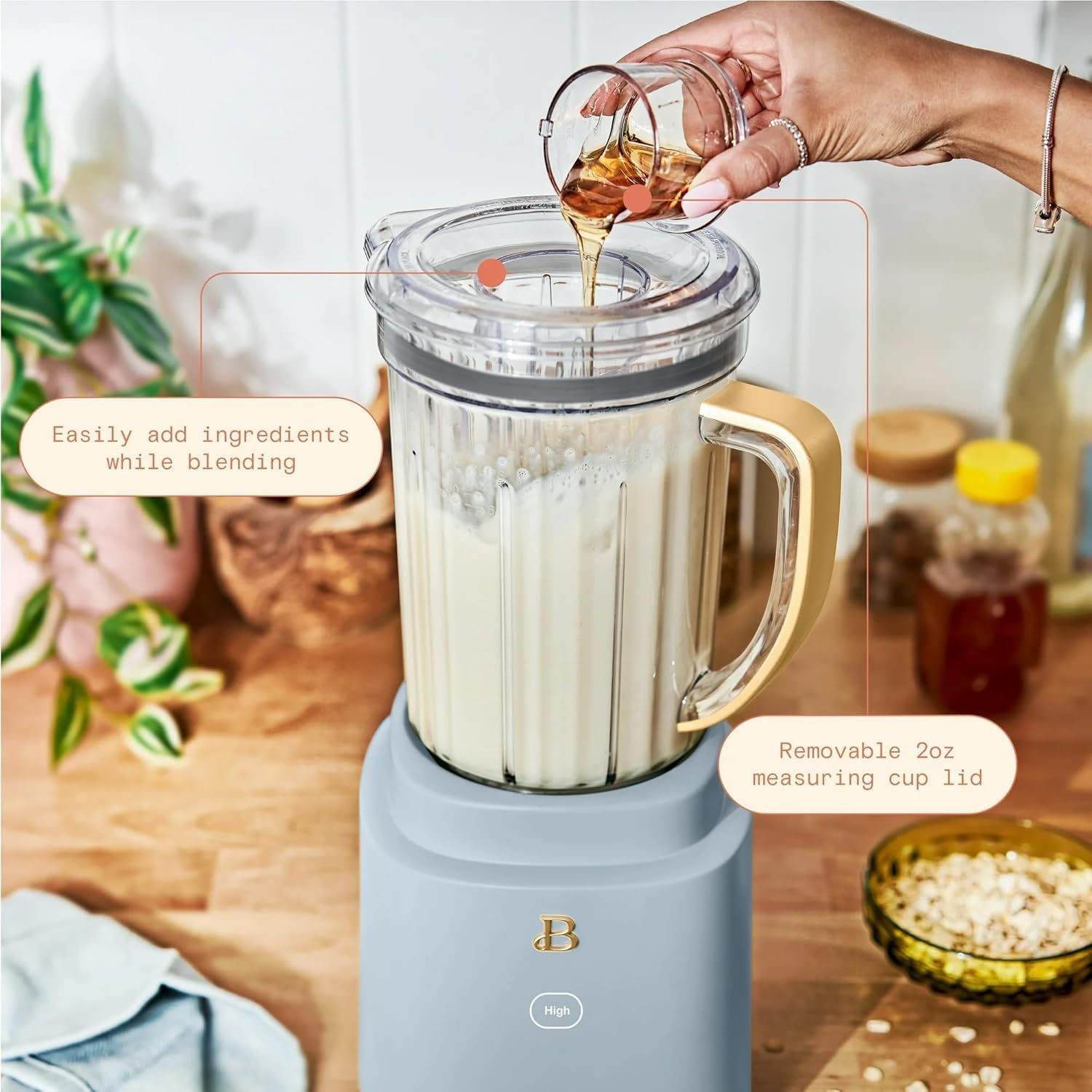 Beautiful PowerExact High-Performance 700-Watt Blender by Drew Barrymore, 50-Ounce Pitcher, Stainless 4-Tip Blade, 3 Speeds + 4 Presets, Dishwasher-Safe Parts, Travel Cup Included