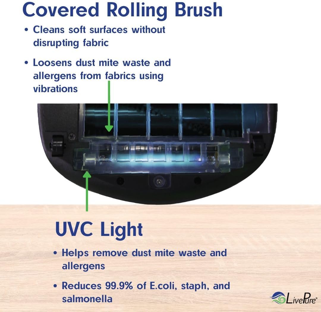 LivePure - Ultramite Handheld HEPA Filter Vacuum & Fabric Sanitizer - Dual Motor Brush, UVC Light, And Anti- Allergen Filter To Remove Dust Mites, Bacteria, Viruses