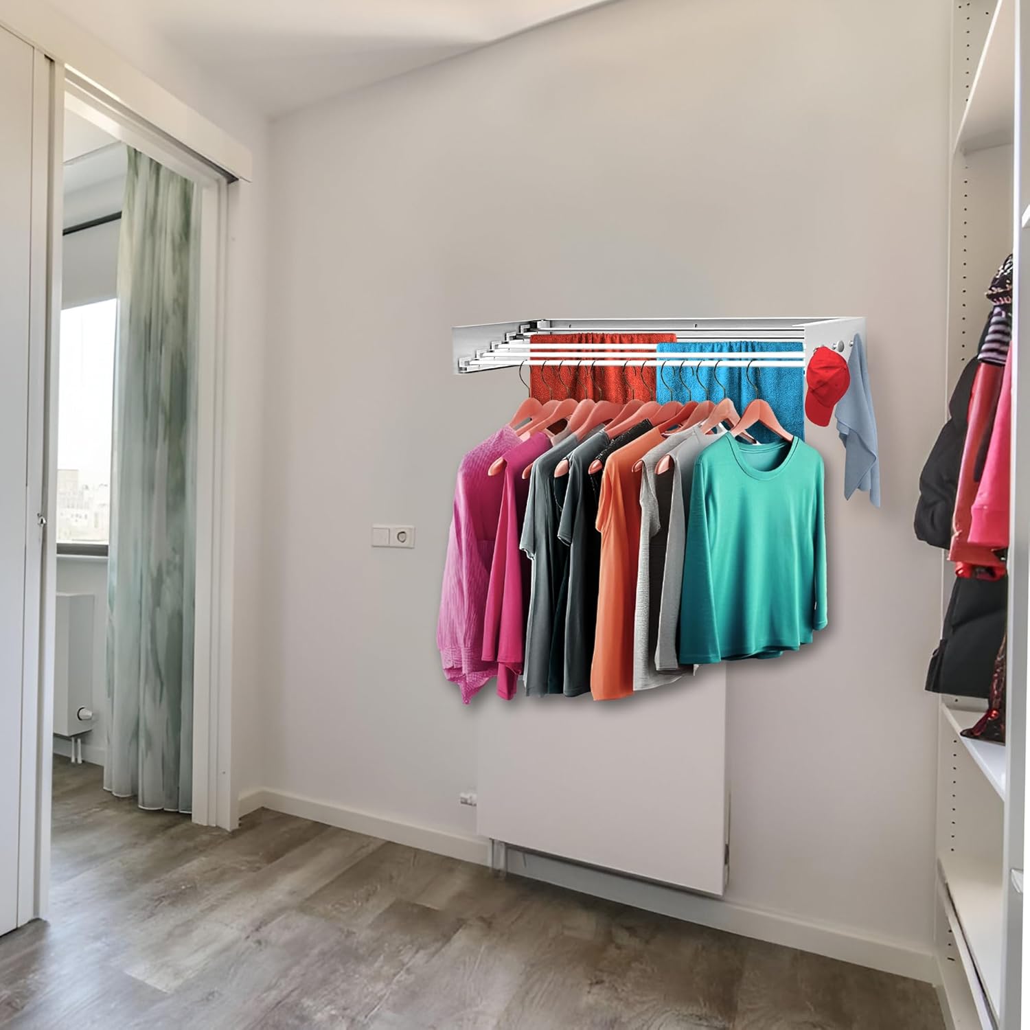 Wall Mounted Drying Racks for Laundry (31.5 Inches Wide) – Retractable Clothes Drying Rack Wall Mounted with Carbon Steel Panel 6 Knobs & 5 Aluminium rods, Wall Drying Rack with Screws (White)