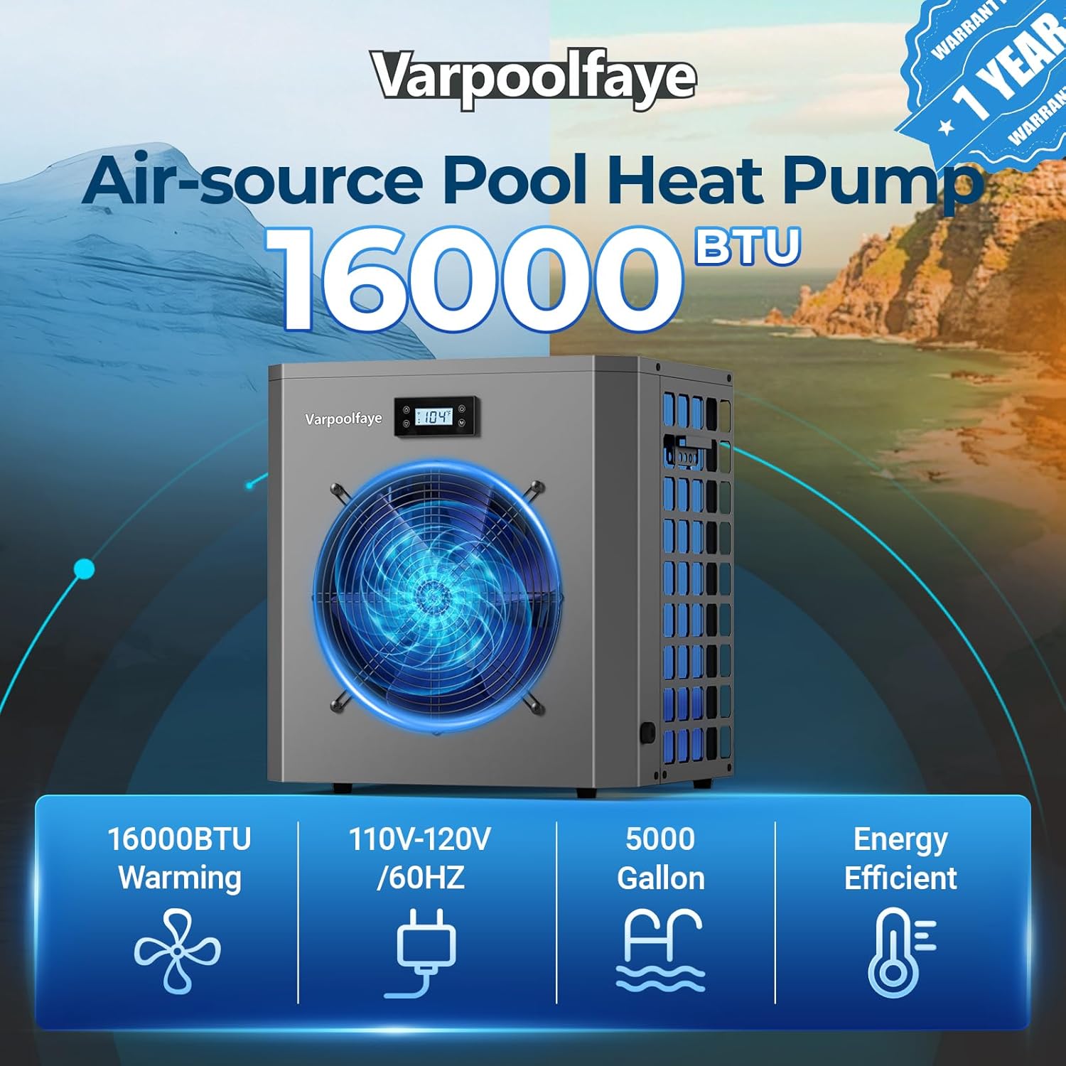 Pool Heaters for Above Ground Pool 16000 BTU Swimming Pool Heater Pump 5000 Gallon Heating or Cooling Mode WiFi Control Timer 120V 60Hz