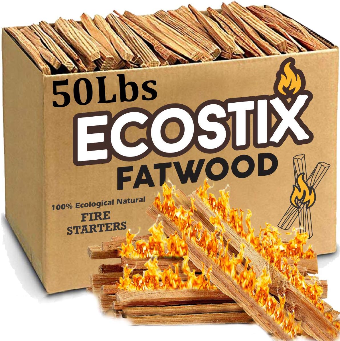 Approx. 120 Eco-Stix Fatwood Fire Starter Kindling Firewood Sticks – 100% Organic – Firestarter for Wood Stoves, Fireplaces, Campfires, Bonfires, Year Round, 50 LB