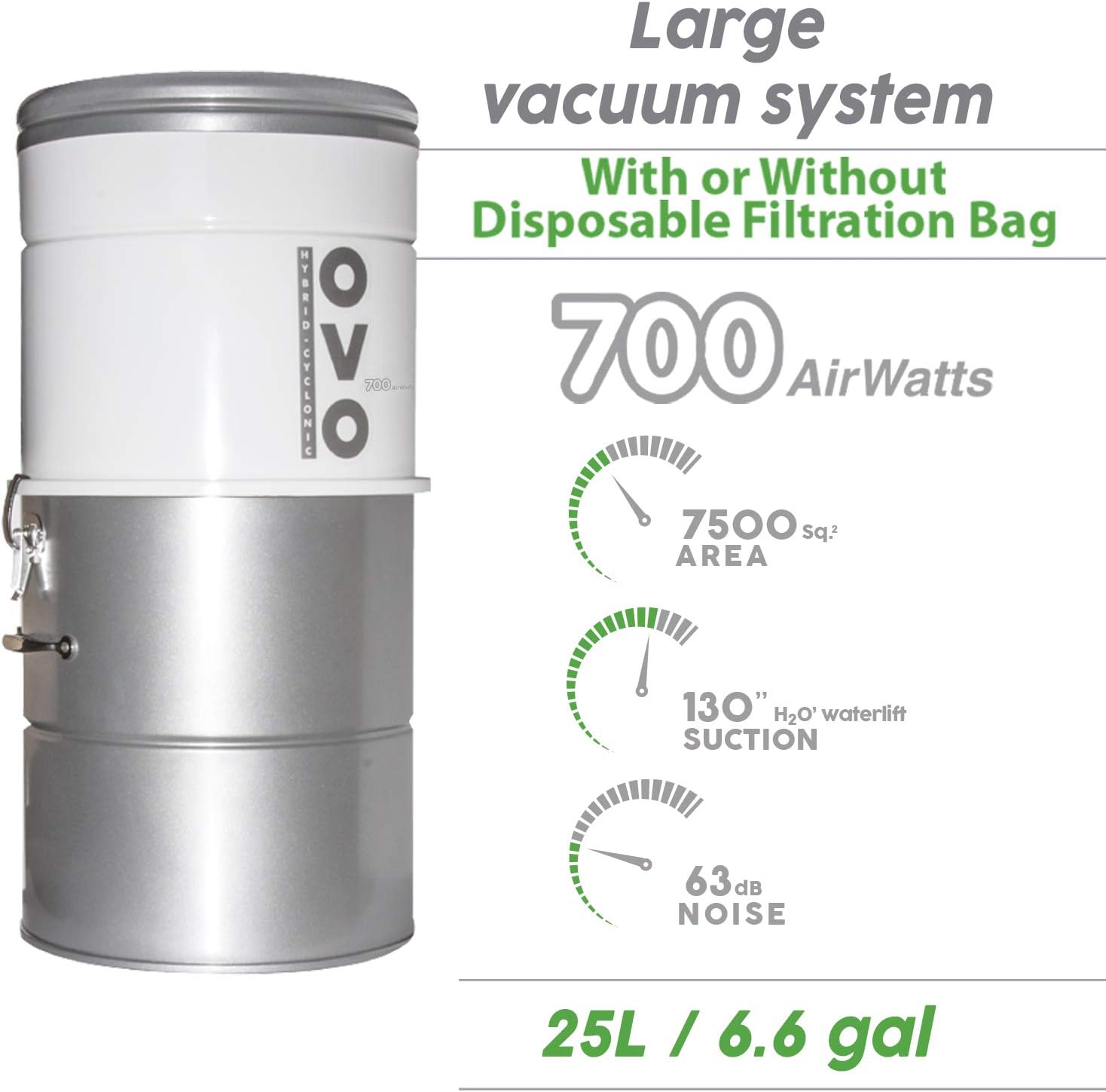OVO Large and Powerful Central Vacuum System, Hybrid Filtration (with or Without Disposable Bags) 25L or 6.6 Gal, 700 Airwatts with 40 ft Carpet Deluxe Accessory Kit Included