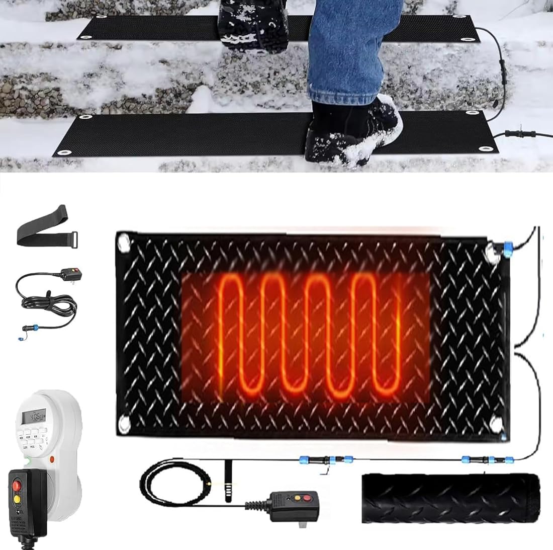 Heated Snow Melting Mats with Timer, 1/2/3/4/5 Pcs Outdoor Slip Proof Ice Heated Rubber Mat for Driveway Walkway Decks and Sidewalks Connection with 9.84 ft Power Cord(1 Pcs,12x36in/(30x90cm)