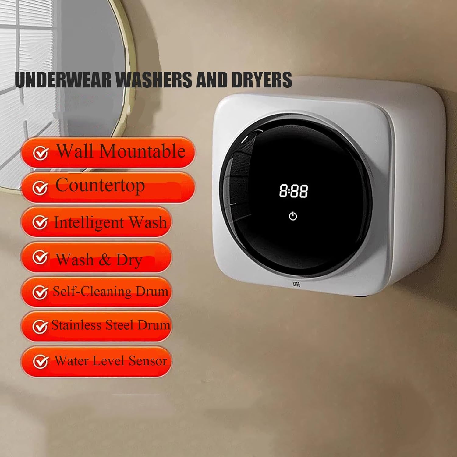 Portable Mini Washing Machine - Wall-Mounted Countertop Washer & Dryer Combo for Small Clothes, Underwear & Socks - Compact, Efficient & Space-Saving Solution