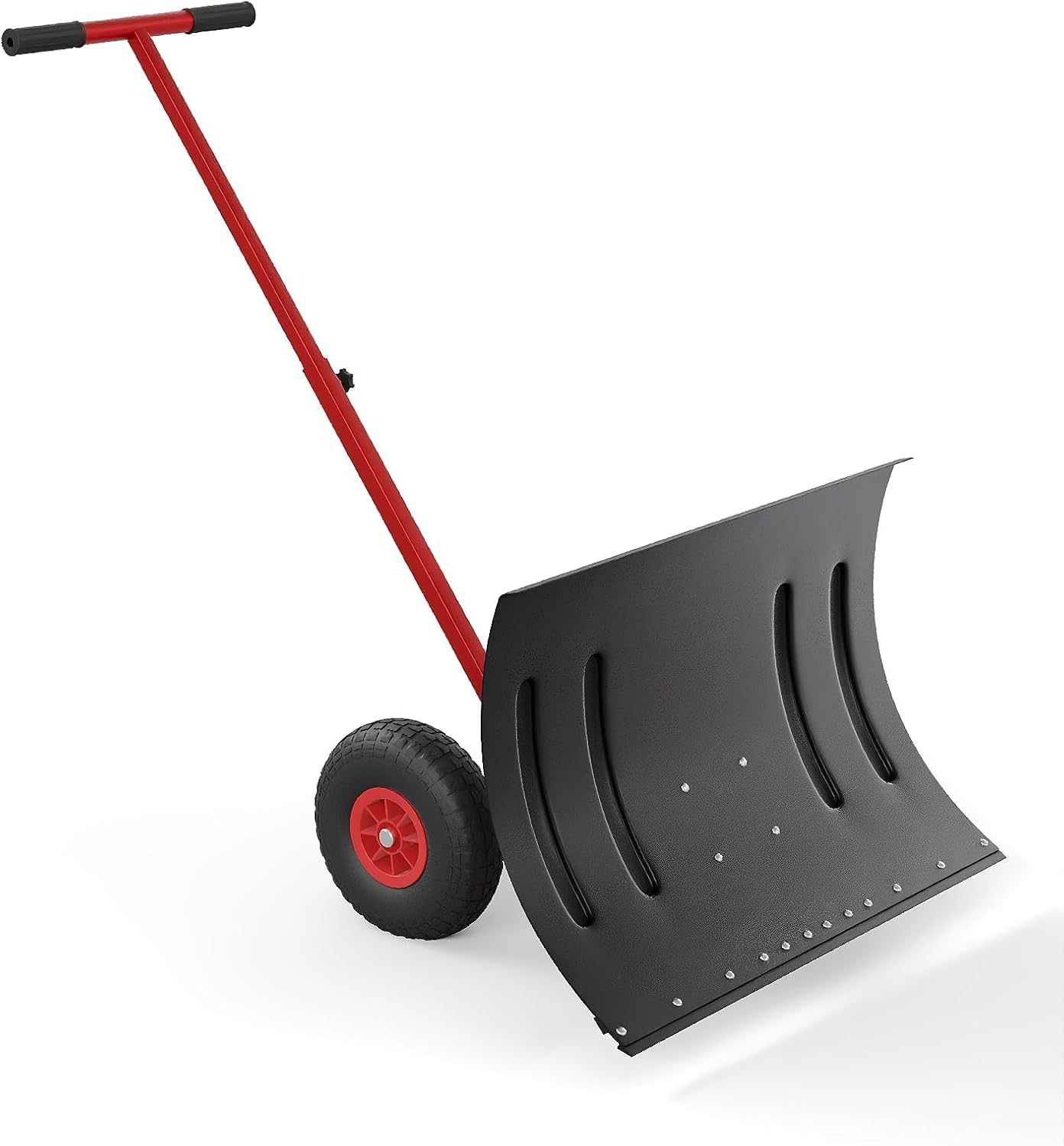 Single Rod Snow Shovel with Wheels, 20 * 29 Inch Heavy Duty Steel Snow Pusher, Adjustable 5-Position Angle & Height Handle, Durable Snow Remover for Driveway, Sidewalks, Yards & Patios, Red Rod