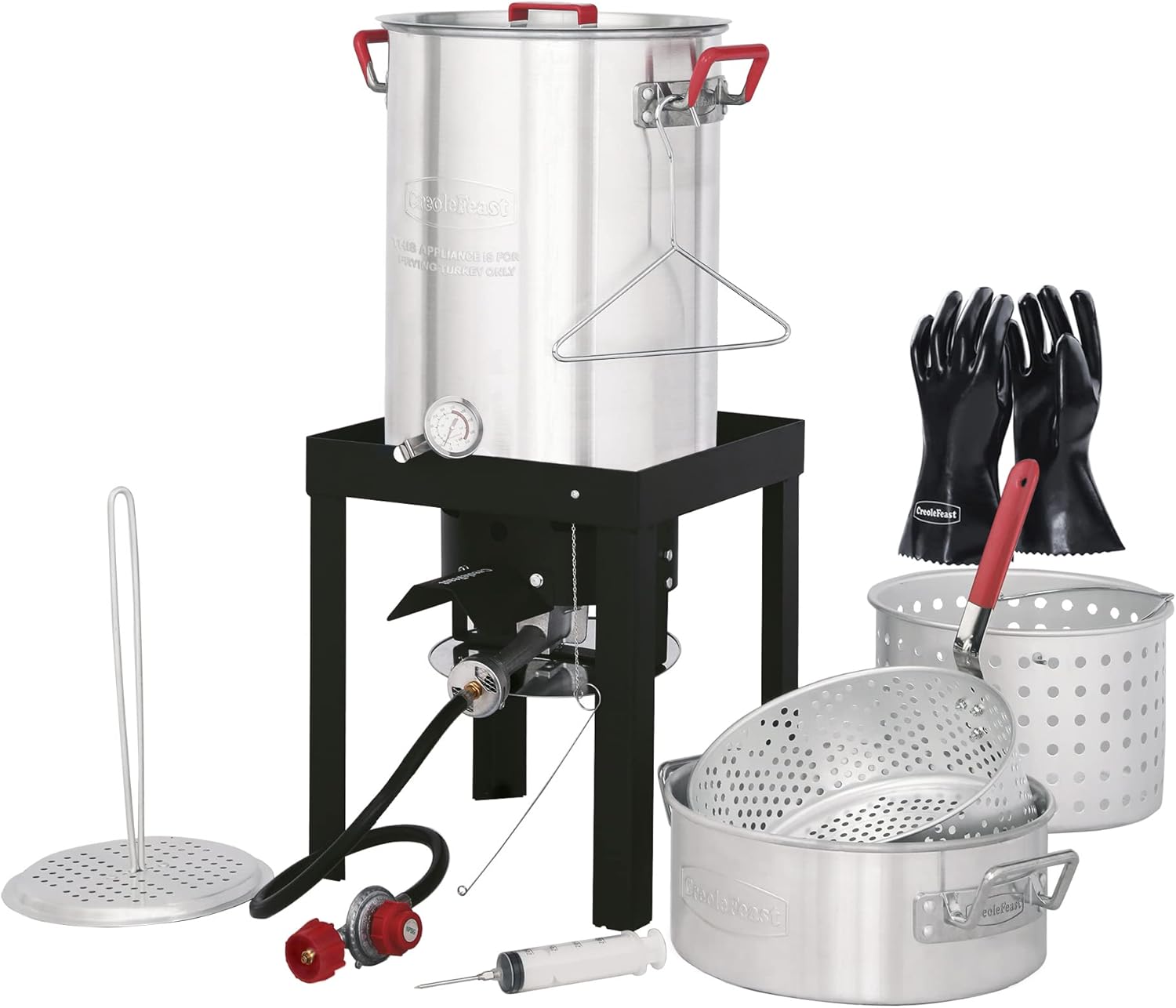 Creole Feast TFK-TG-3001 30 Qt. Turkey Fryer Boiler Steamer Kit with 10 Qt. Fish Fryer Pot & Gloves, Outdoor Turkey Fryer Pot with Basket and Burner, 50,000 BTUs, Silver & Black