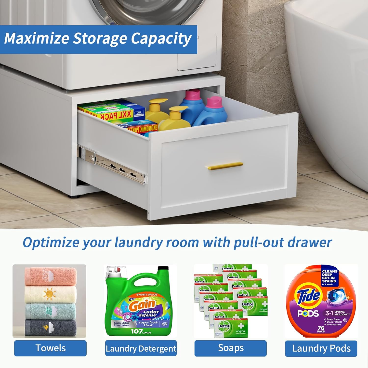 Washer Dryer Pedestals with Drawer, Metal Freestanding Washer and Dryer Pedestals, 440LBS Heavy Duty Anti-Vibration Washing Machine Stand, Universal Laundry Pedestal (WHITE)