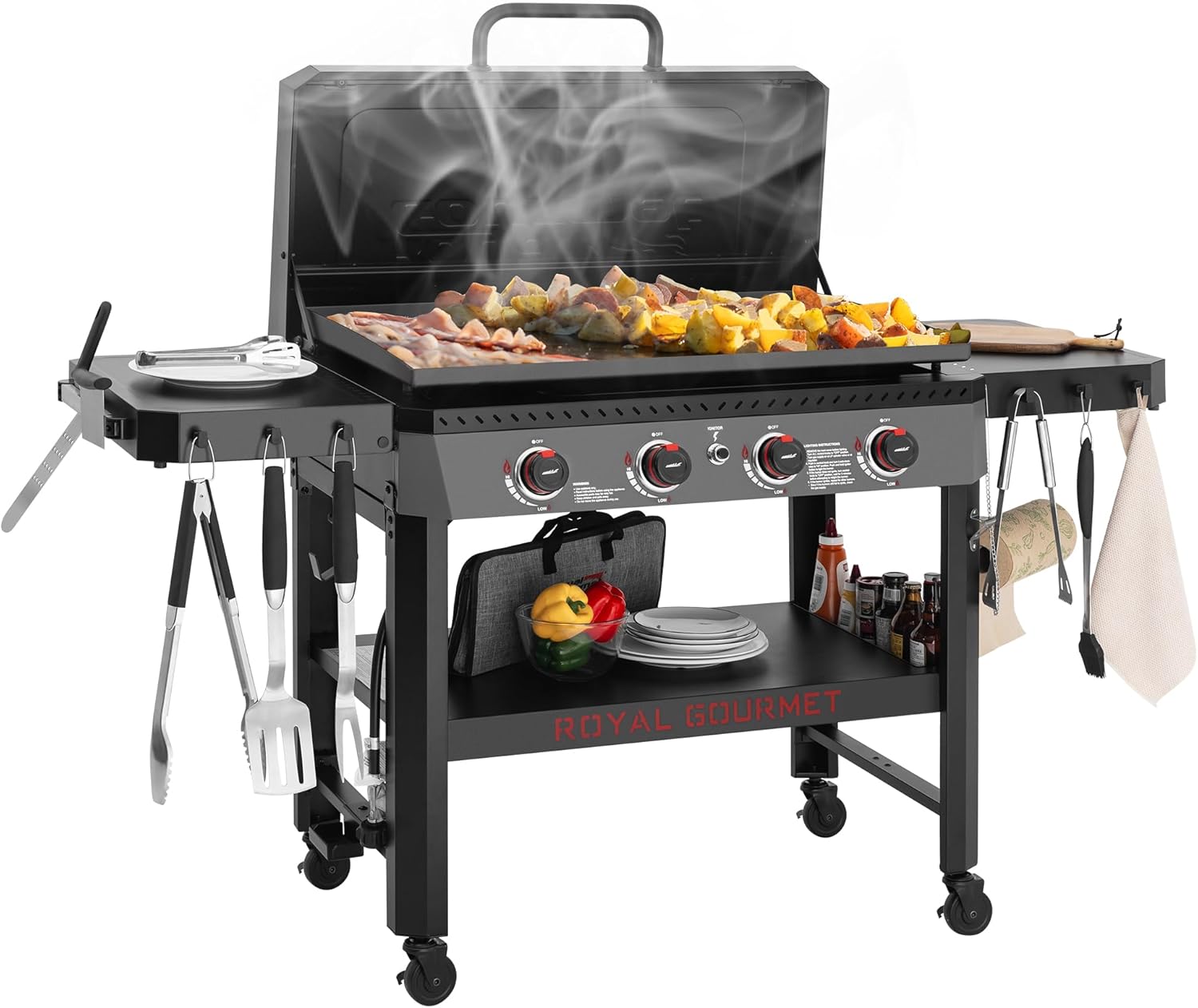 GB4005P 34-Inch 4-Burner Propane Gas Griddle with Hood, Griddle with Collapsible Side Shelves and Storage Basket, 52,000 BTU, Perfect for Outdoor Cooking like Camping or Tailgating, Black