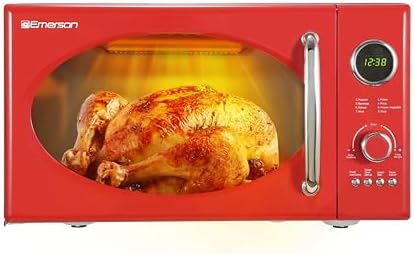 Emerson MWRG0901RD 0.9 Cu. Ft. Retro Microwave with 1,000W Grill Function, 800W Cooking Power, LED Display, 5 Power Levels, 8 Auto Menus, Glass Turntable, Child Lock, Red Countertop Design