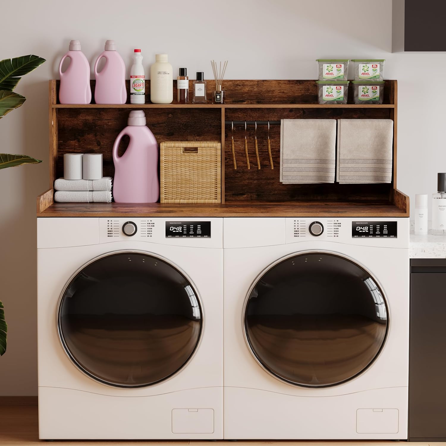 2-Tier Washer Dryer Countertop with Clothes Rail，Laundry Topper with Edge and Non-Slip Pad for Washer and Dryer Laundry Hamper Counter Storage Organization (Rustic Brown, Full)