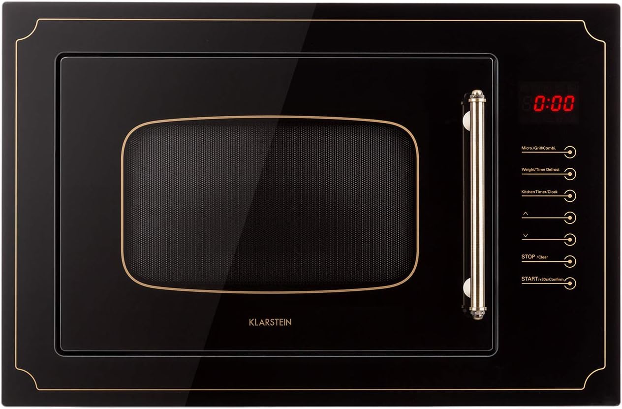 Klarstein Victoria 25 Built-in Microwave, Retro Design, 25L, 900W Microwave/1000W Grill Power, 2 Functions, Stainless Steel, Mounting Frame, Black