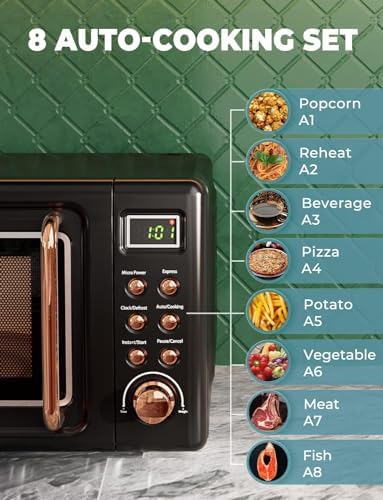 Countertop Retro Microwave Oven, 0.7 Cu Ft Small Microwave with Defrost, 5 Micro Power, 8 Auto-Cooking Set & Child Lock, Compact Microwave w/10 Inch Turntable, 60-min Timer, LED Display, 700W