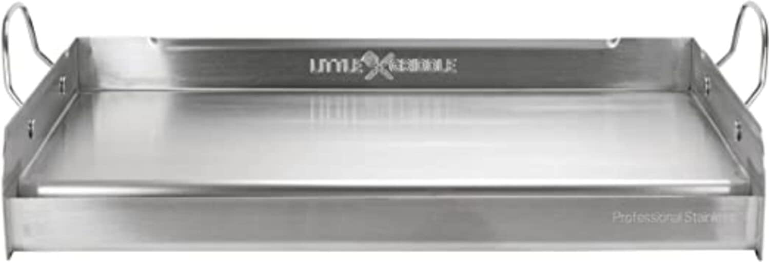 LITTLE GRIDDLE 100% Stainless Steel Griddle with Even Heat Cross Bracing and Removable Handles - For Grills, Camping, Tailgating, Silver, 25