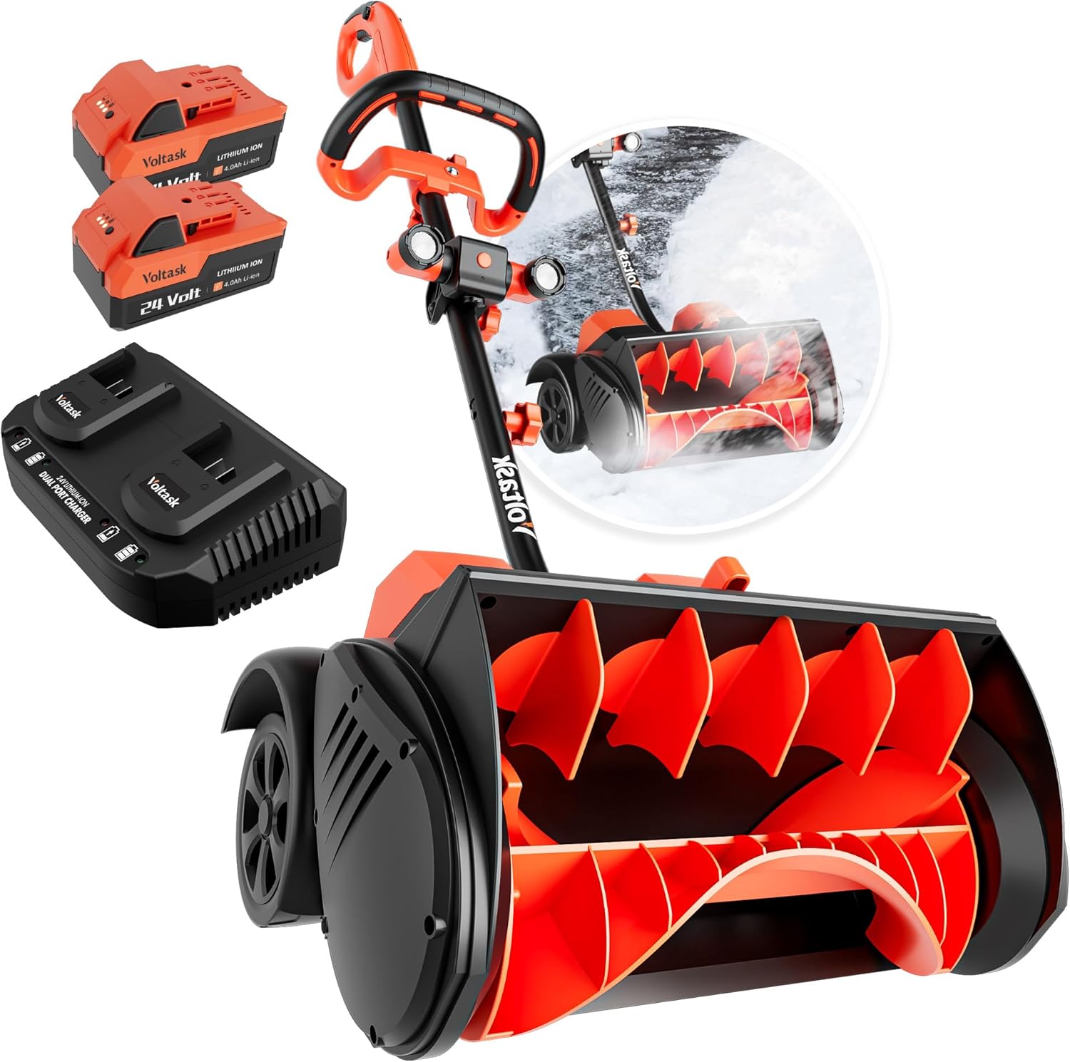 VOLTASK 48V 16-inch Cordless Snow Shovel with Wheels, LED Lights, 2 Batteries & Dual Quick Charger Included