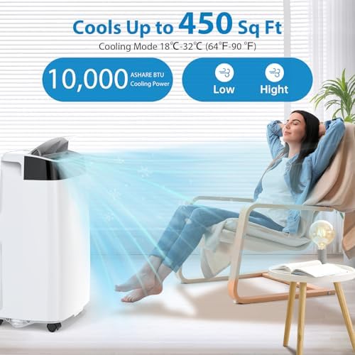 Portable Air Conditioner, 10,000BTU Air Conditioner Cools for Room up to 450 Sq. Ft, 3-in-1 Portable AC Unit Dehumidifier & Fan with Remote Control, Sleep Mode, 24H Timer for Bedroom Home Office