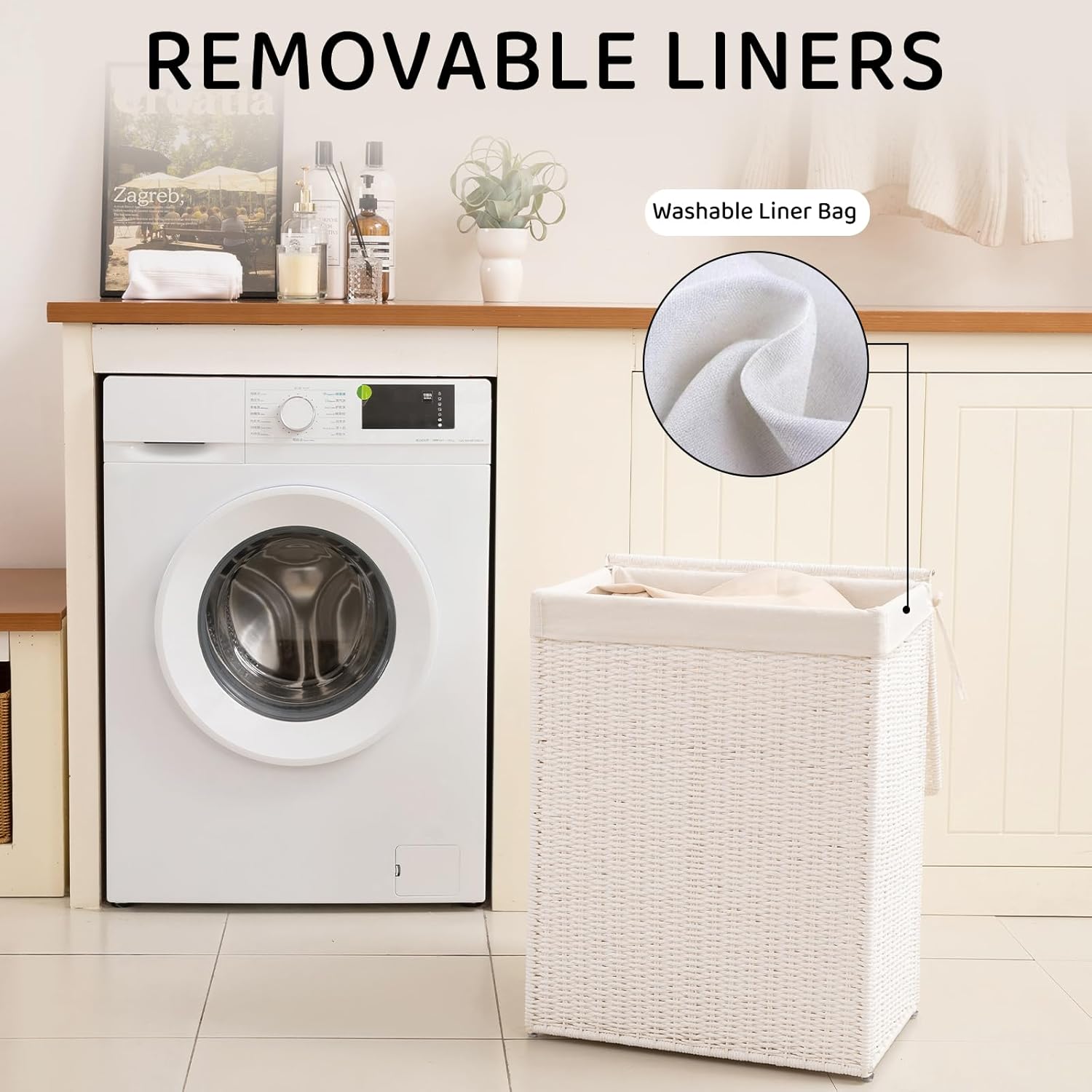 OIAHOMY Laundry Hamper with Lid, 23.8 Gal (90L) Wicker Hamper with Removable Liner Bags, Handwoven Clothes Basket with Handles, Foldable Woven Paper Rope Basket for Laundry Room, Bedroom-White