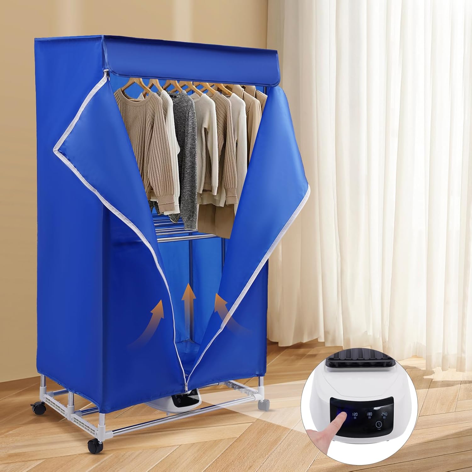 Portable Clothes Dryer with Timer, 1200W Drying Machine for Laundry 2-Tier Foldable Clothes Dryer Rack Stainless Steel Mini Dryer for Apartments Home Dorms Travel RV (Solid Blue)