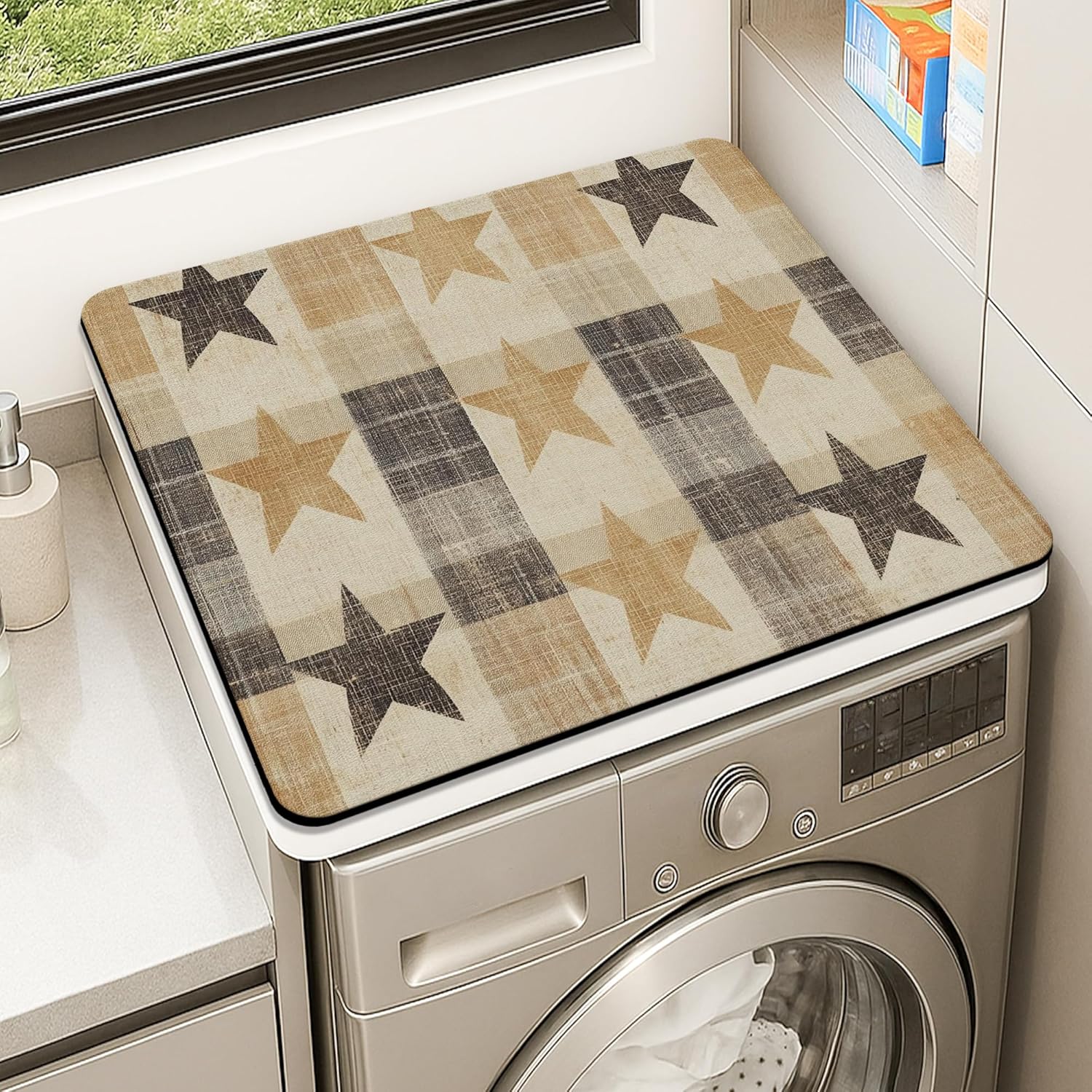 Rustic Star Washer Dryer Top Protector Mat, Farmhouse Style Laundry Machine Dust Covers, Cozy Vintage Rustic Anti-slip Waterproof Washer And Dryer Mats for Laundry Room 24x24 Inch
