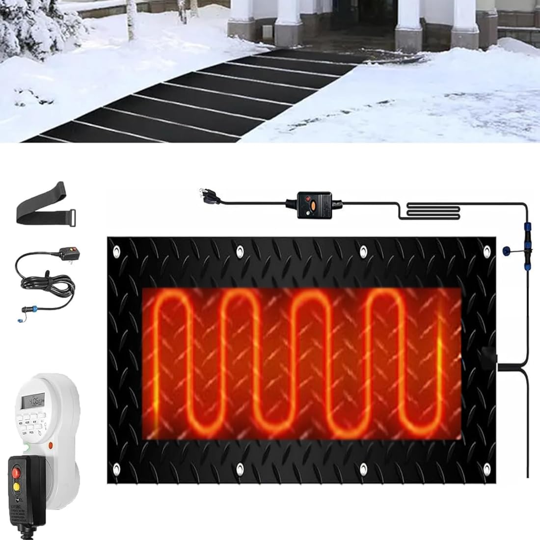 Snow and Ice Melting Mats with Timer, 1/2/3/4/5 Pcs Heated Outdoor Mats Electric Snow Melting Mats for Winter Snow Removal Non Slip Rubber Heated Mat with Power Cor(1 Pcs-12x24in/(30x60cm))