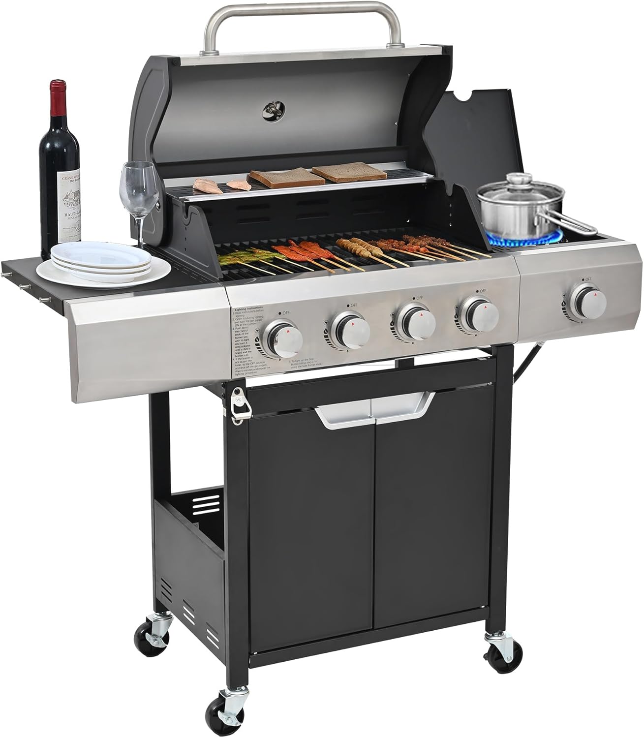 Stainless Steel Gas Grill with Side Burner - Outdoor BBQ, Camping, 4 Burner Barbecue Grill